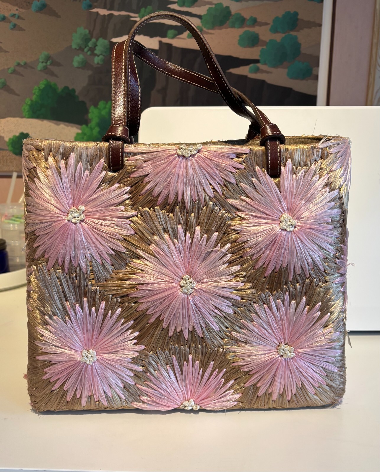 Vintage Kate Spade Cabo Straw Pink And Brown Floral Tote