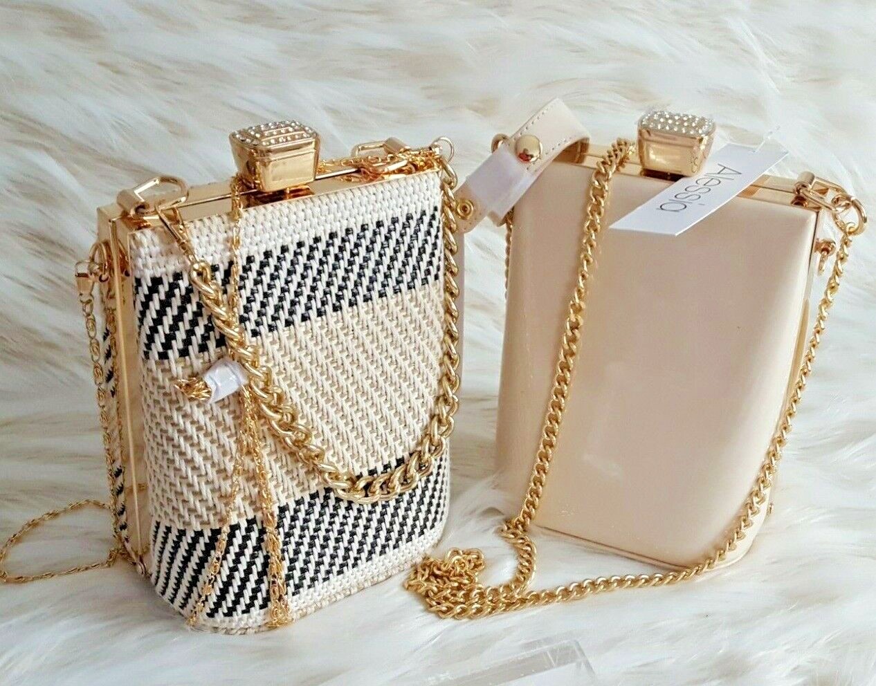 NWT Alessia Convertible Frame Bag Purse, Chain, Shiny Patent Bone or Beige/Black