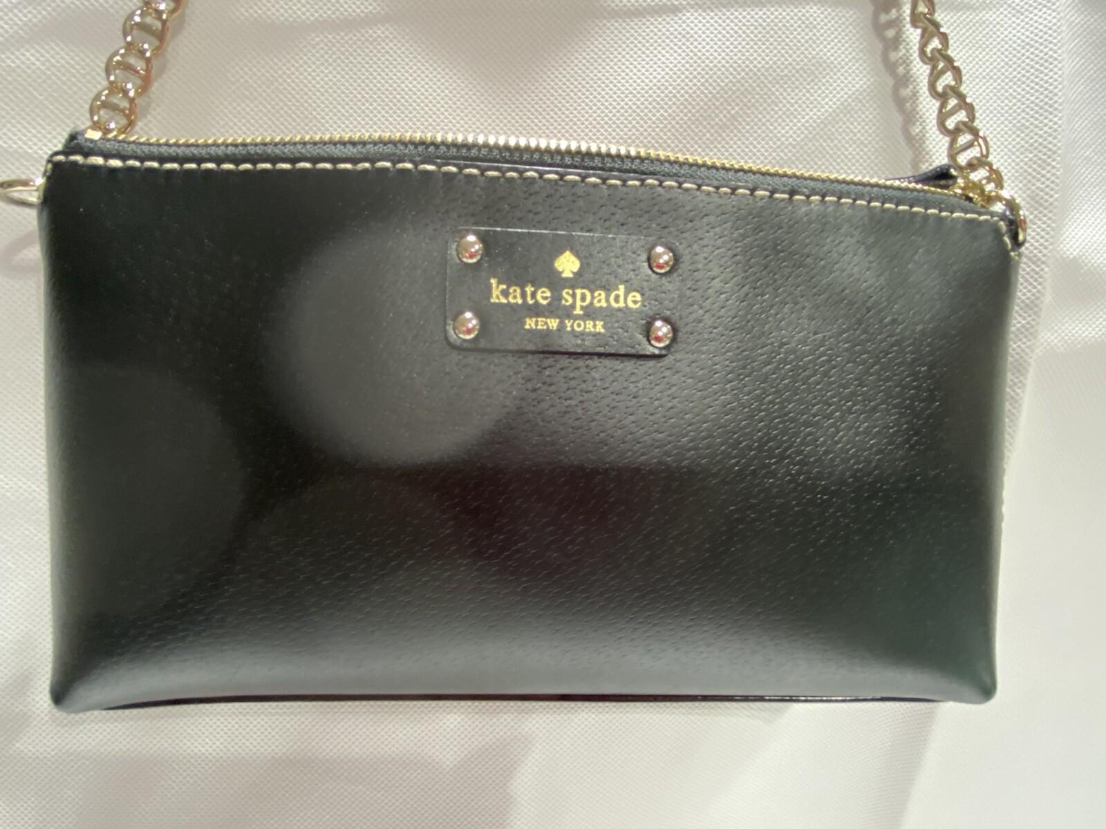 Kate Spade Black Leather Wellesley Byrd Clutch Handbag with Chain Accent Handle