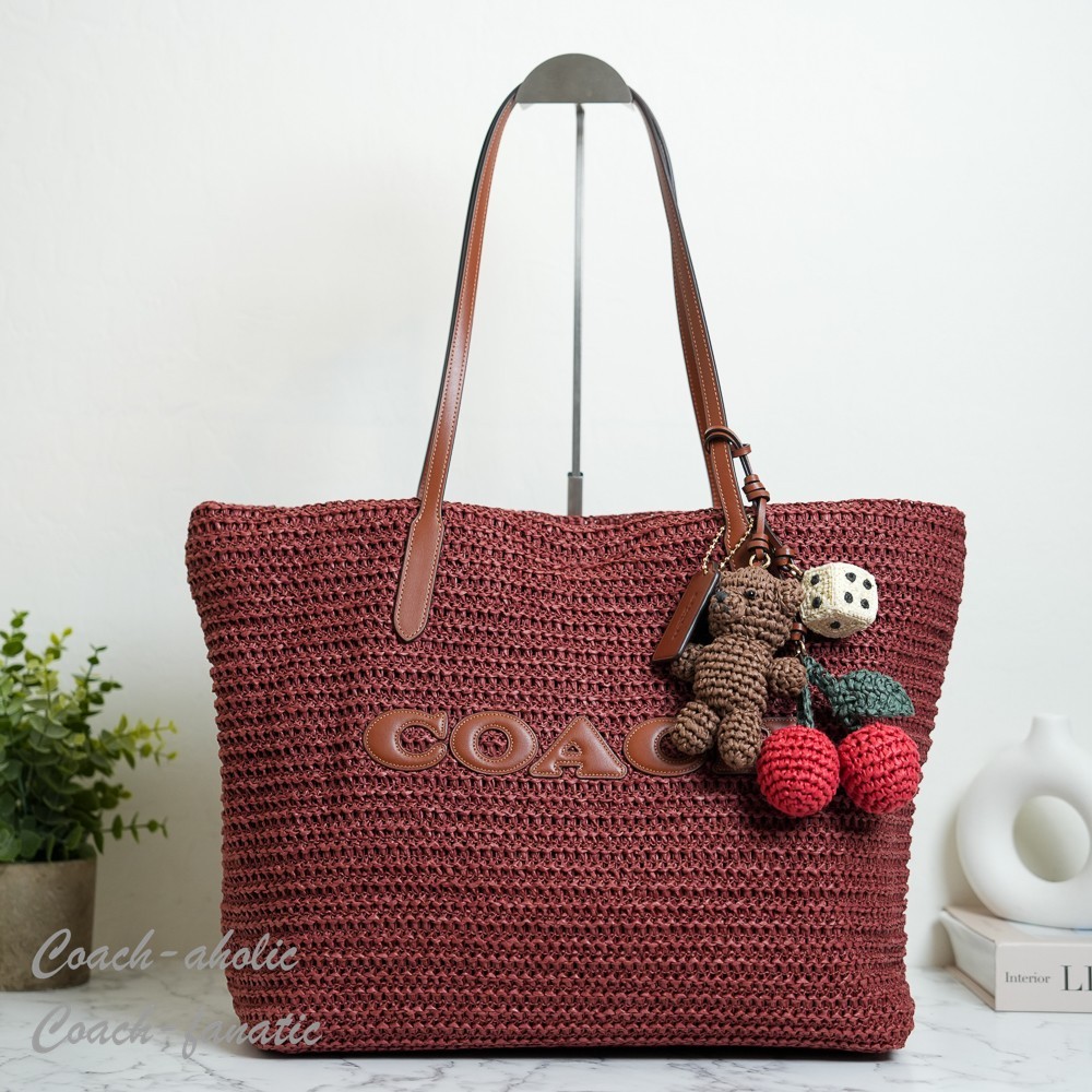 COACH CES20 Large City Tote Bag With Charms in Straw & Smooth Leather Russet NWT