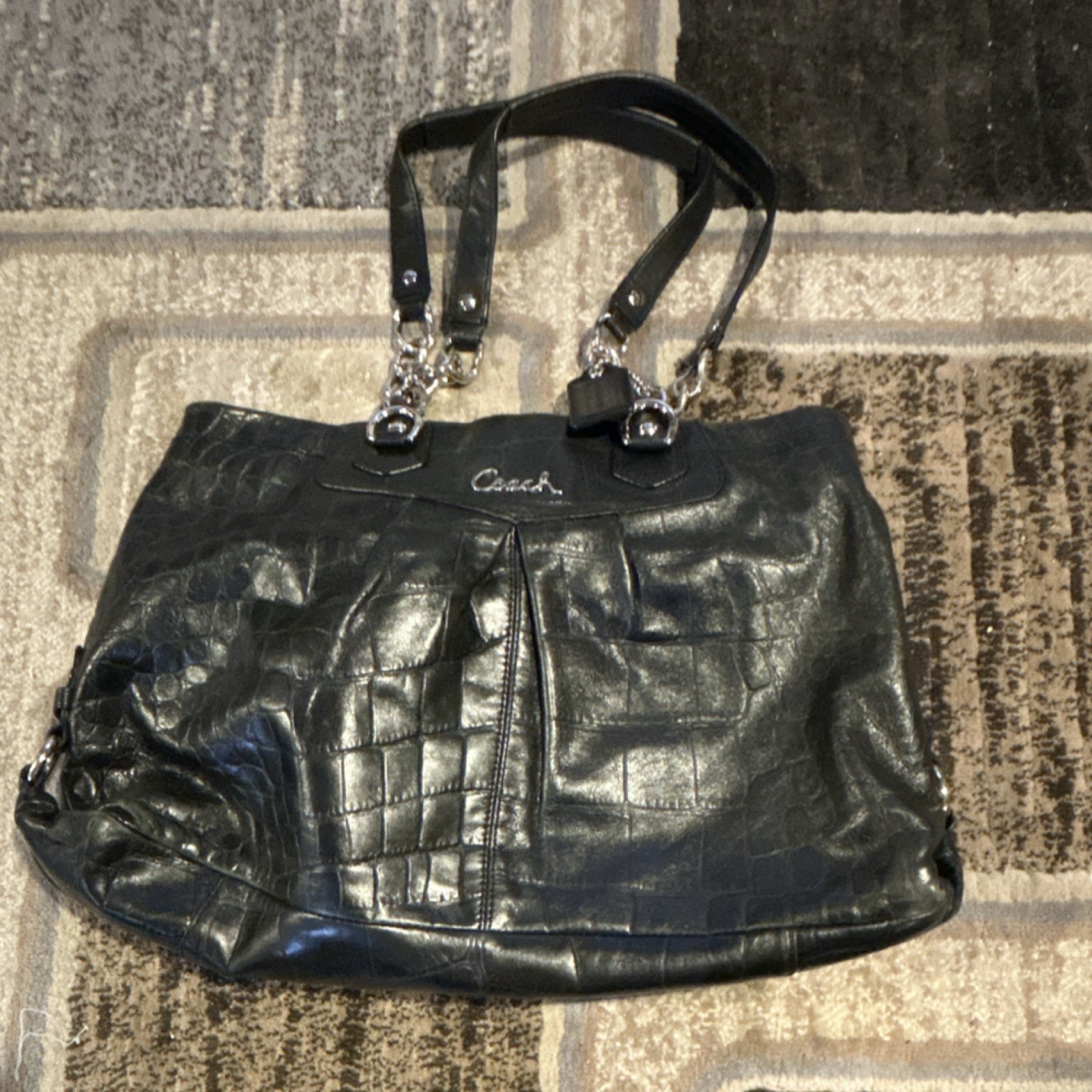 Coach Black Croc Embossed Shoulder Bag with Pleated Strap Accent, Zip, Pockets