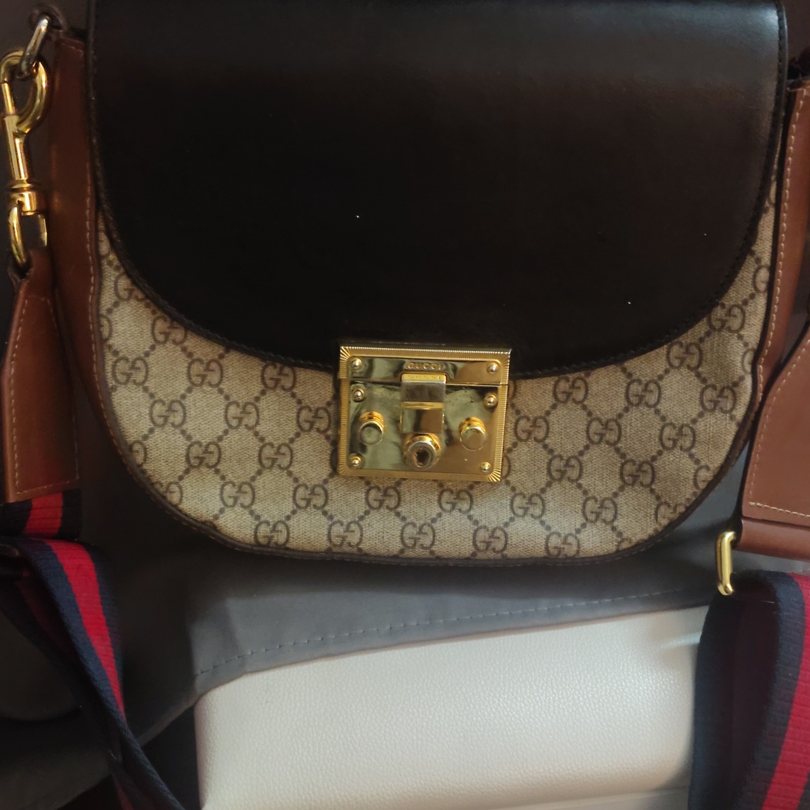 Gucci GG Pattern Small Crossbody Black/Beige Gold Hardware Lock w/ Key