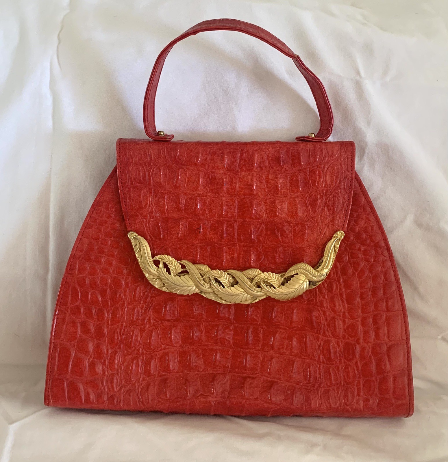 VTG GLEN MILLER FOR ANN TURK RED CROCODILE EMBOSSED LEATHER HAND BAG AS IS
