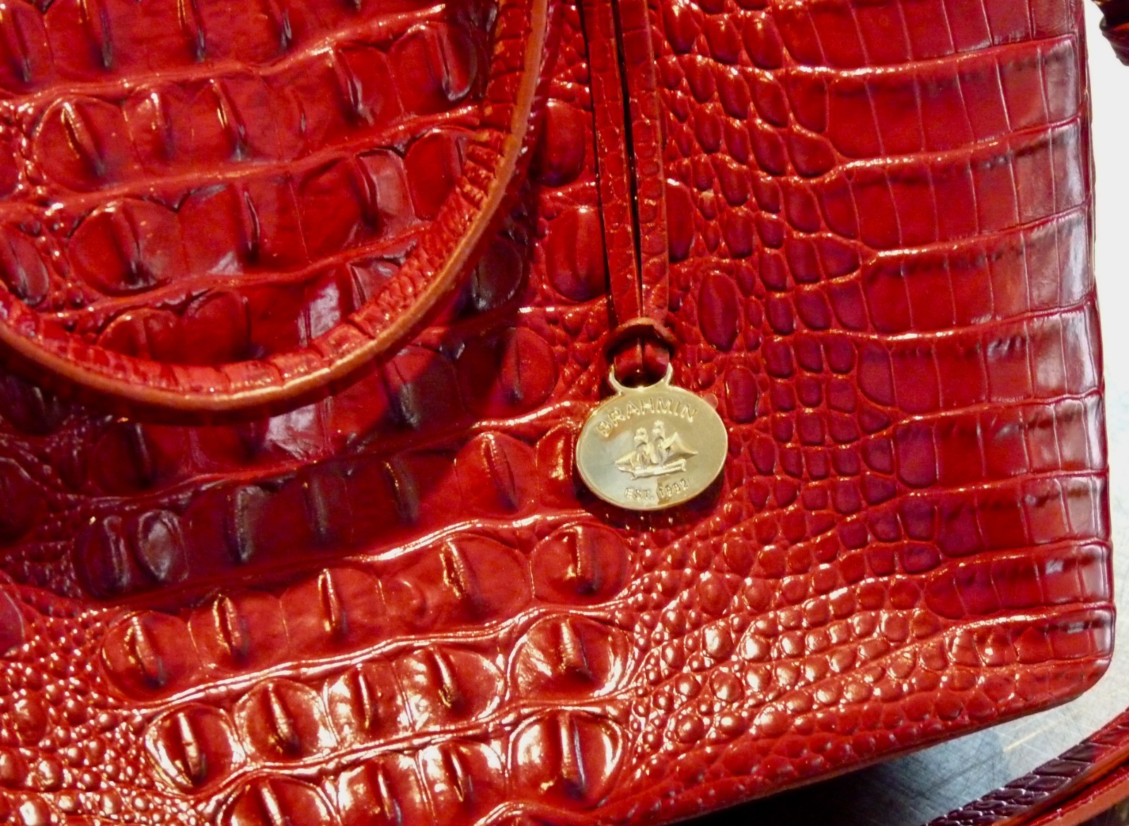 BRAHMIN Duxbury Melbourne Pink Red Croc Embossed Leather Satchel Bag