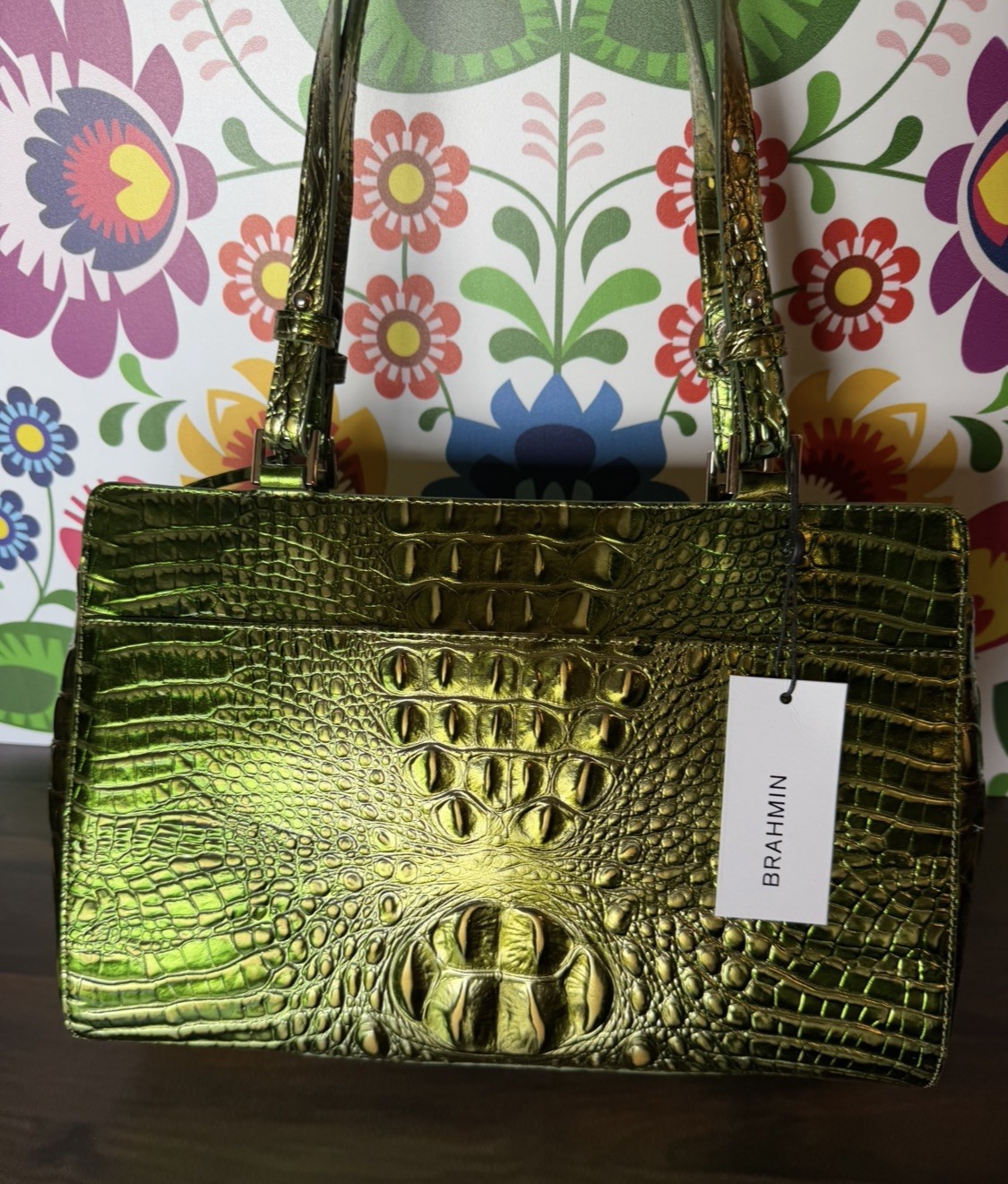LAST ONE NEW BRAHMIN CACTI GREEN JOSETTE METALLIC STUNNER NWT SIMILAR TO FINLEY