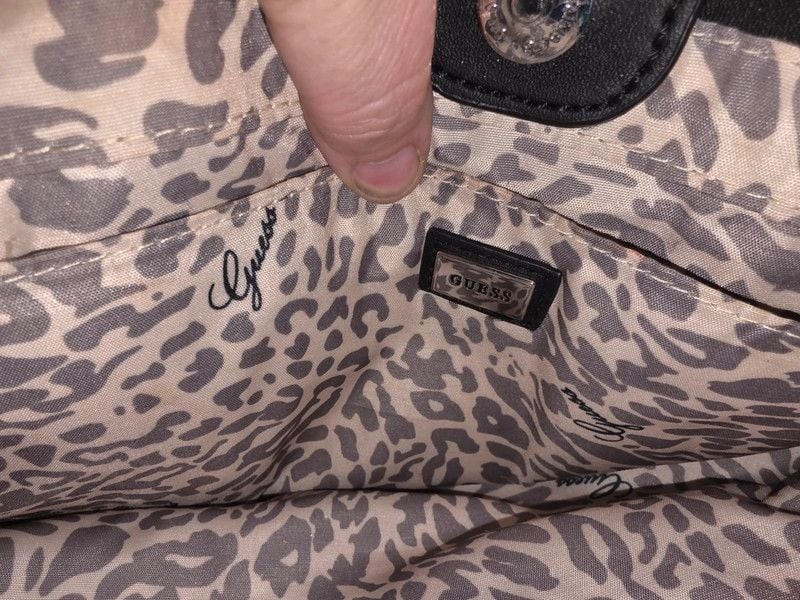 Guess Black Quilted Faux Leather Padlock Satchel Tote Bag Leopard Cheetah Lining