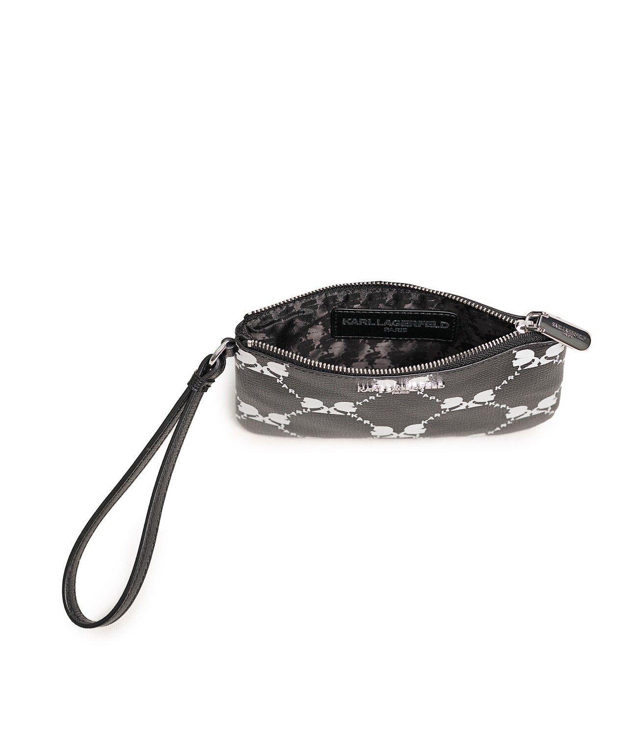 KARL LAGERFELD ADELE POUCH ZIP WRISTLET BAG BLACK WHITE LOGO PRINT NWT