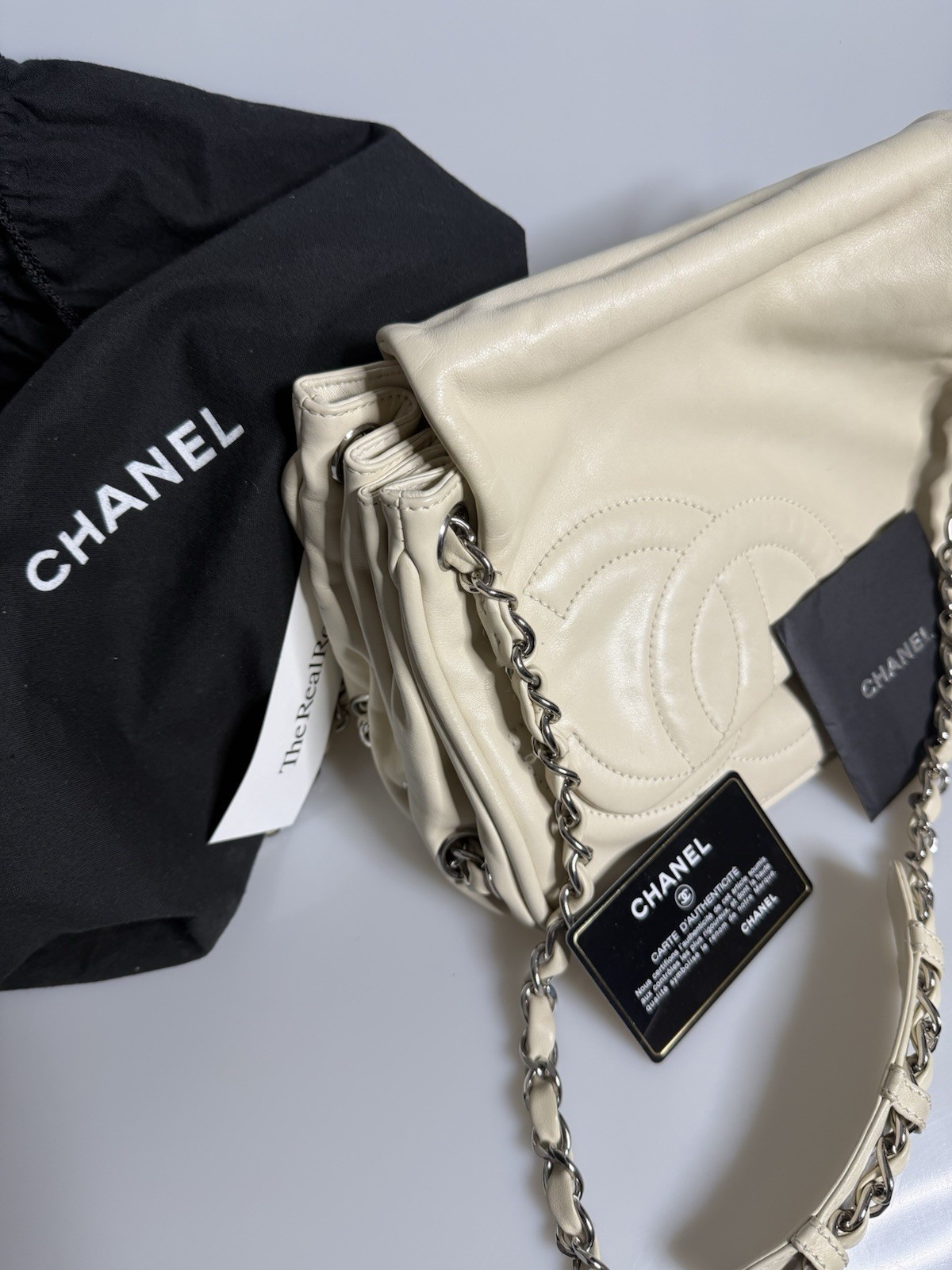 Authentic CHANEL Beige Ivory Leather, Chain Trim Flap Shoulder Bag