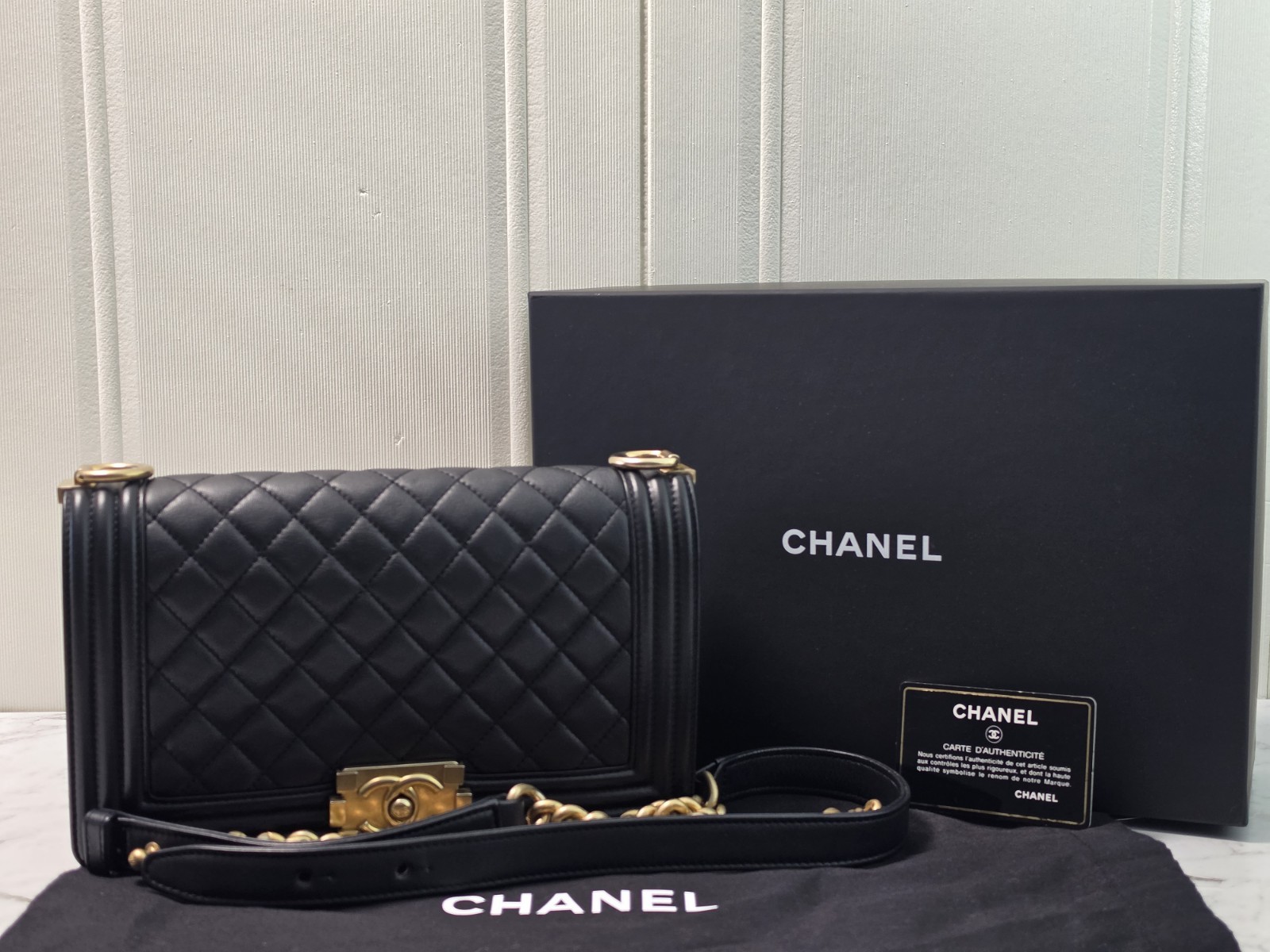 Authentic Chanel Le Boy Medium Flap Bag Black Caviar Leather Gold Hardware