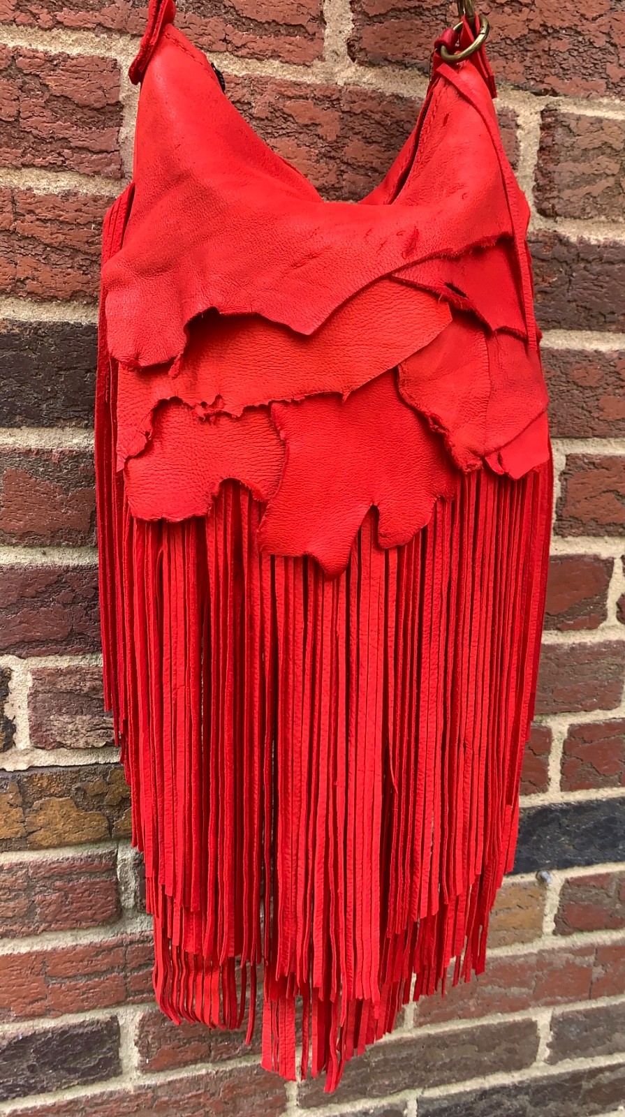 Soft RED Deerskin, beads, BOHO long fringe crossbody bag USA!