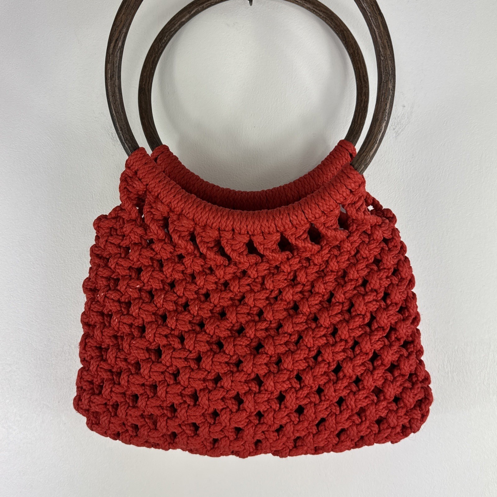 Crochet Shoulder Purse Coral Wooden Handle Thick Knit Boho Chic Polymer Bag