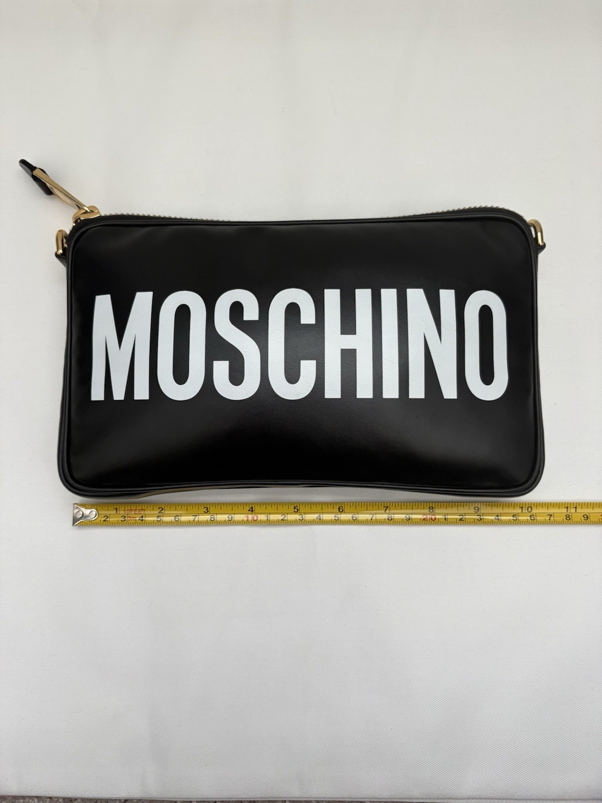 Authentic Moschino Logo-Print Wristlet Crossbody Pouch Bag Black White Leather