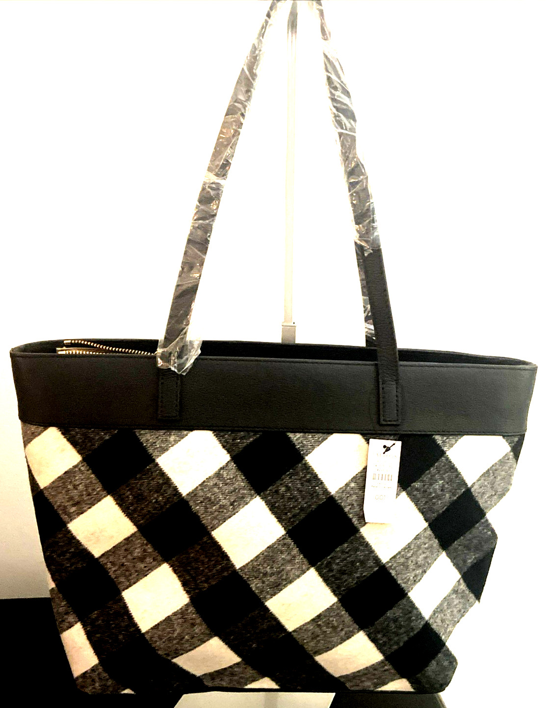 NWT Talbot’s Wool Leather Buffalo Check Gingham Plaid Tote Bag Black White