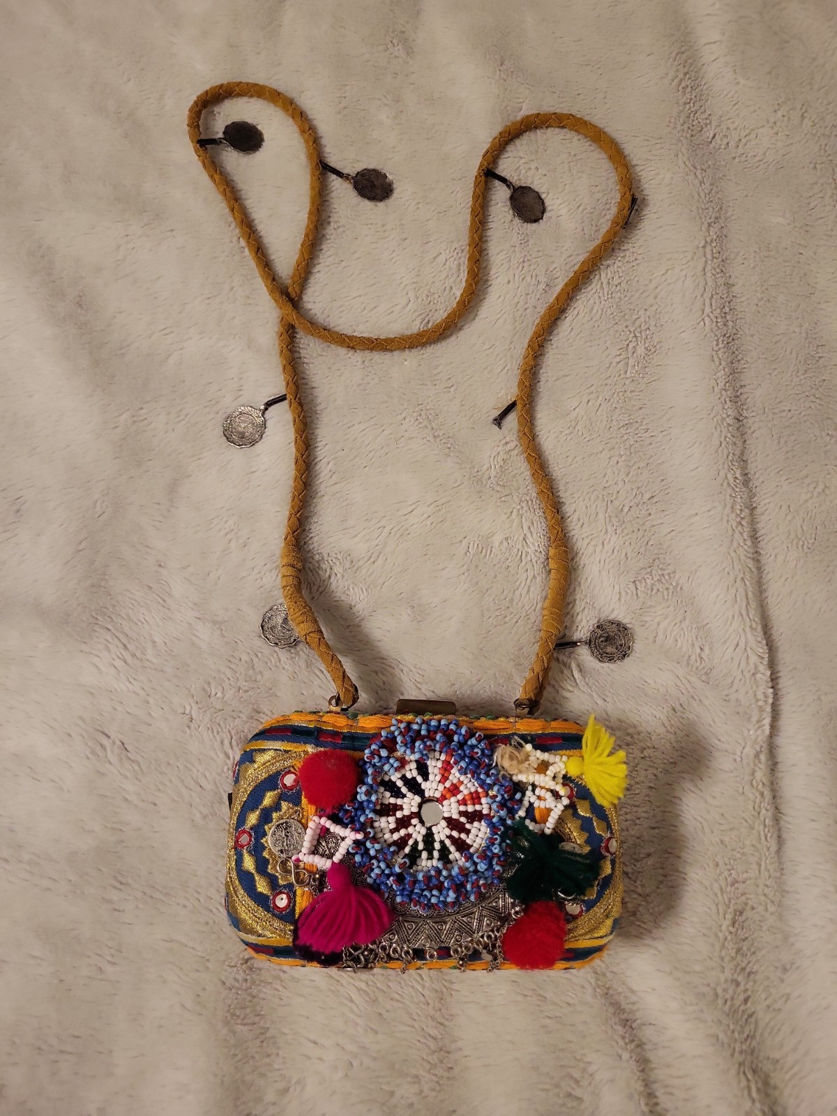 ZARA Rectangular Metal & Embroidered, Beads, Coins, Boho Shoulder Bag, India