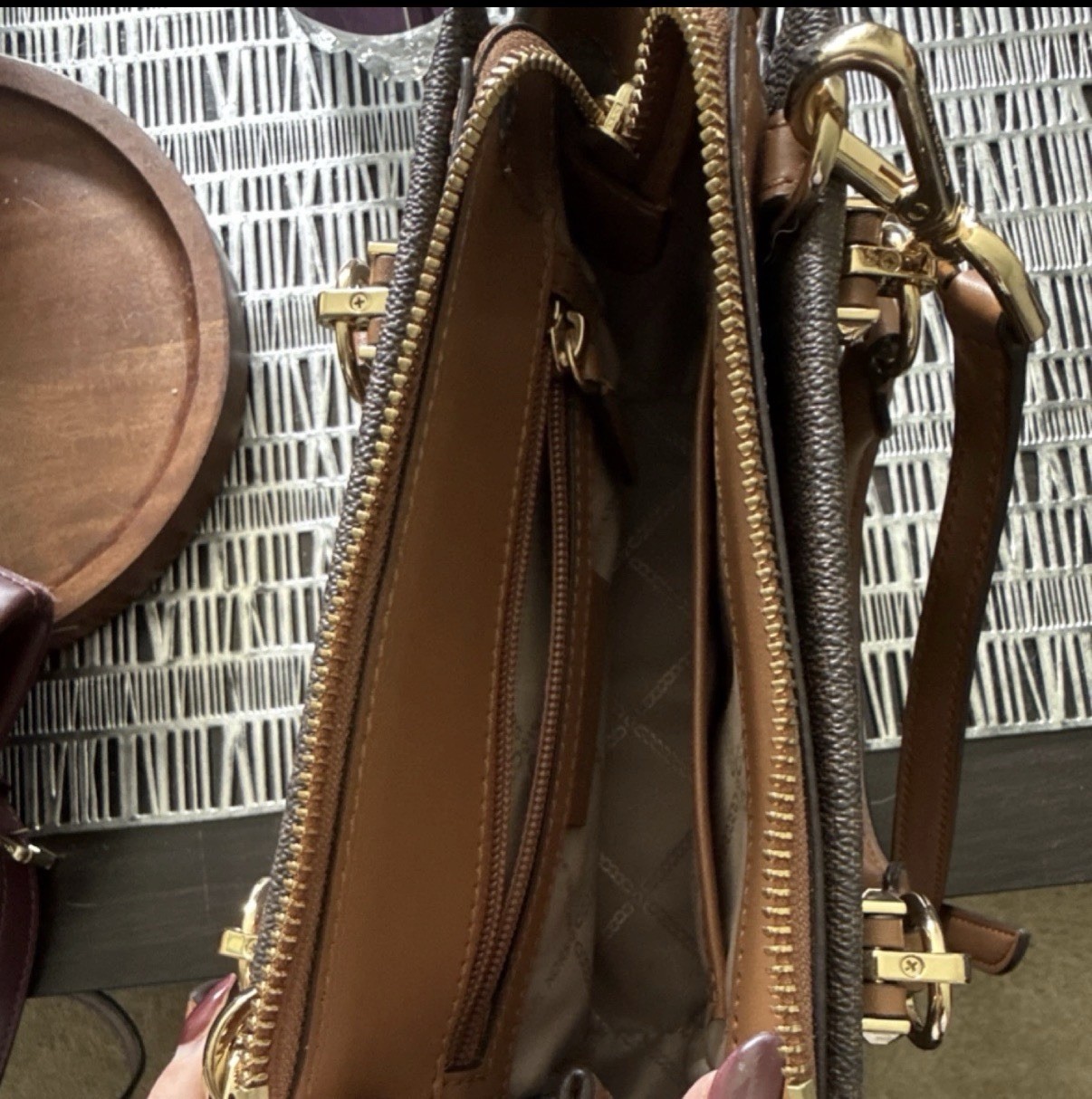 Michael Kors Logo Satchel Brown Monogram Crossbody Bag Double Handle Zip Small