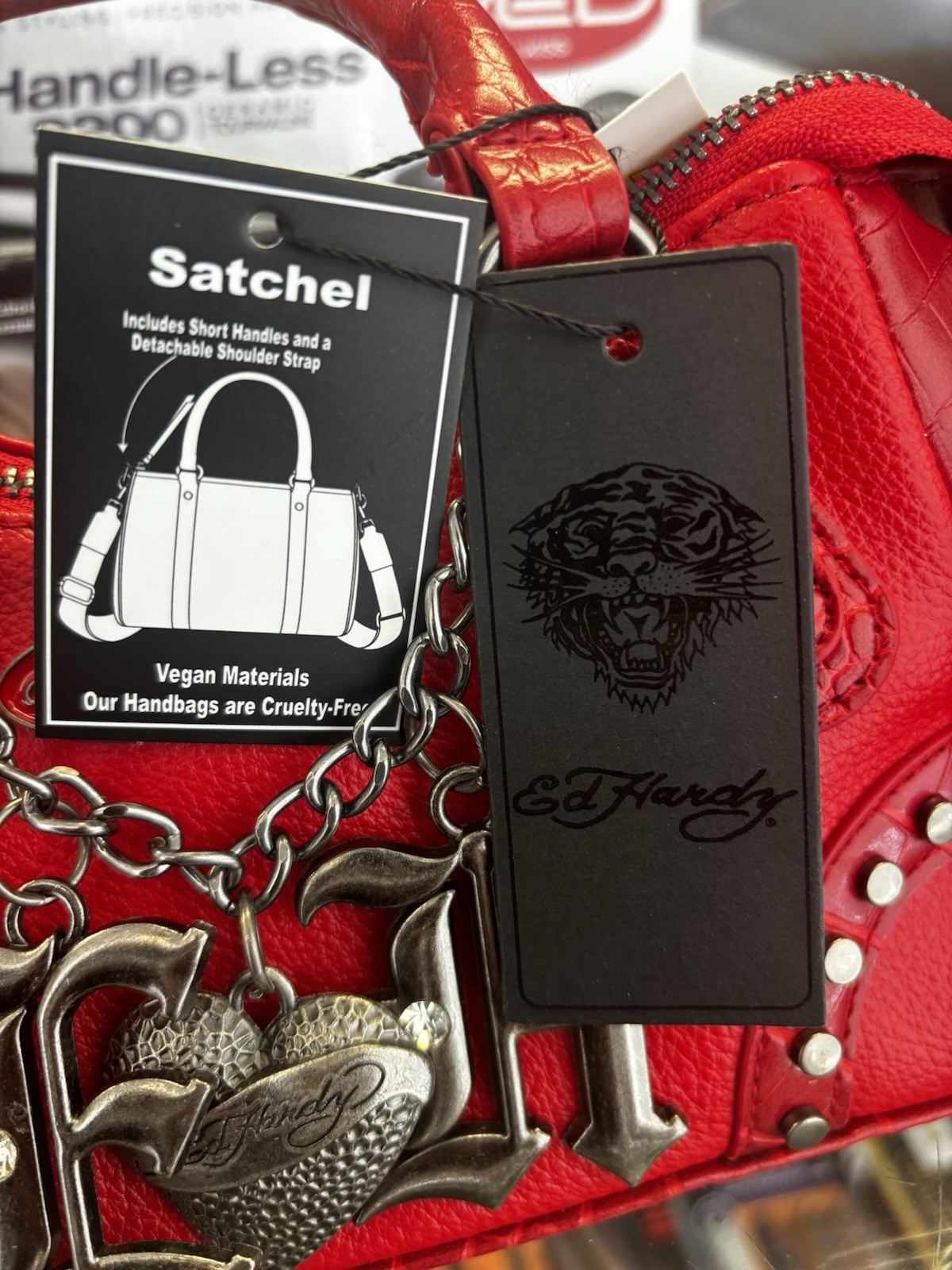 Ed Hardy Red Medium Satchel Top Handle Zip Studded Chain Logo Detachable Strap