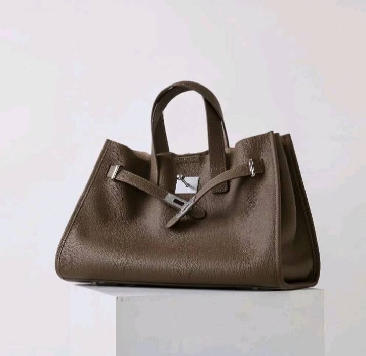 Taupe Grained Genuine Leather Padlock Tote Bag Belted Slouchy Large Work Satchel