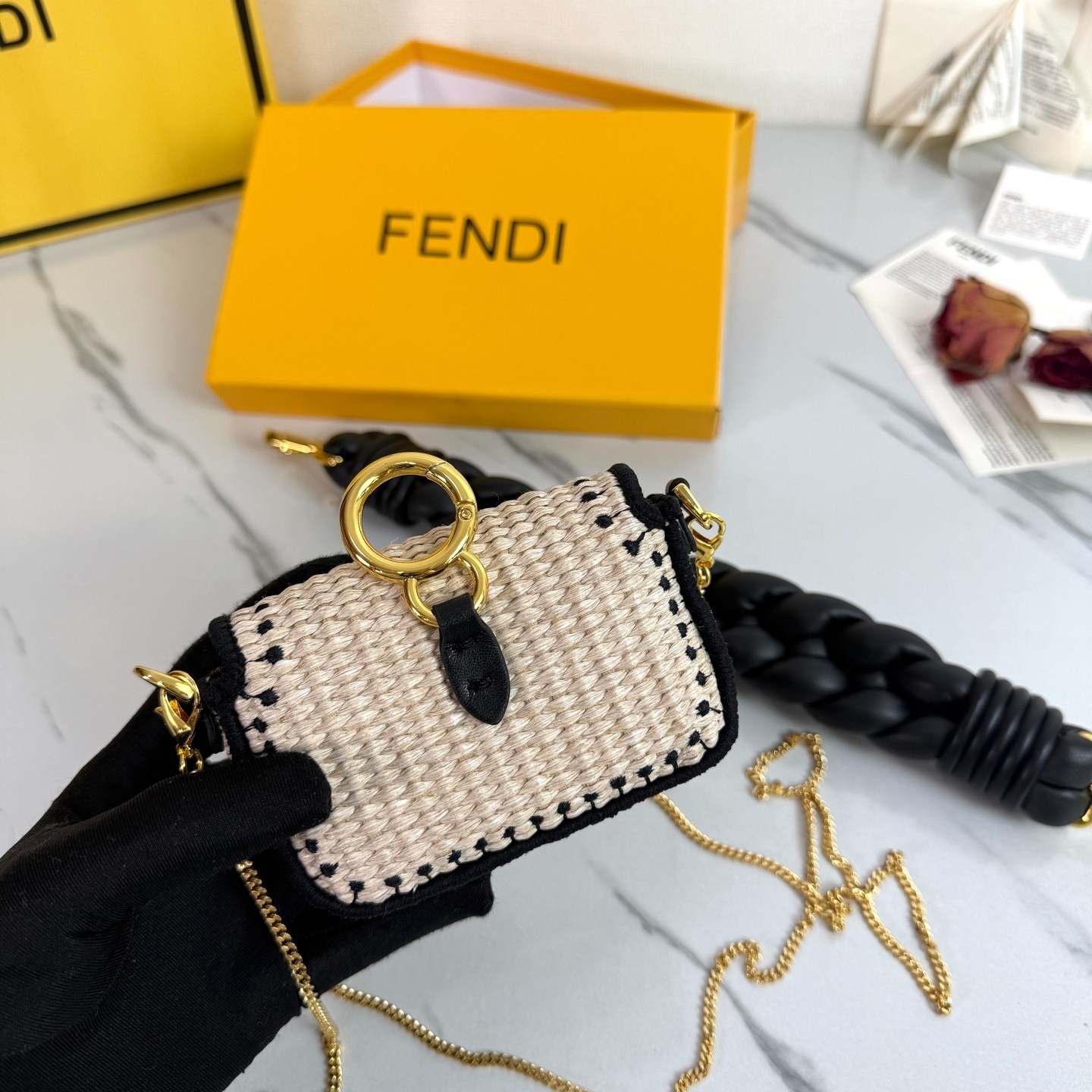 Fendi Nano Baguette Mini Raffia Crossbody Bag Woven Beige Black Chain Strap