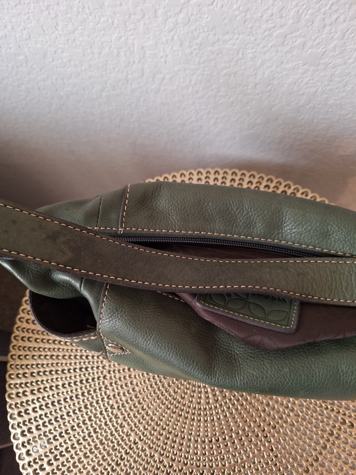Fossil Green Pebbled Shoulder Bag Zip Top Silver Hardware Brown Lining Buckle