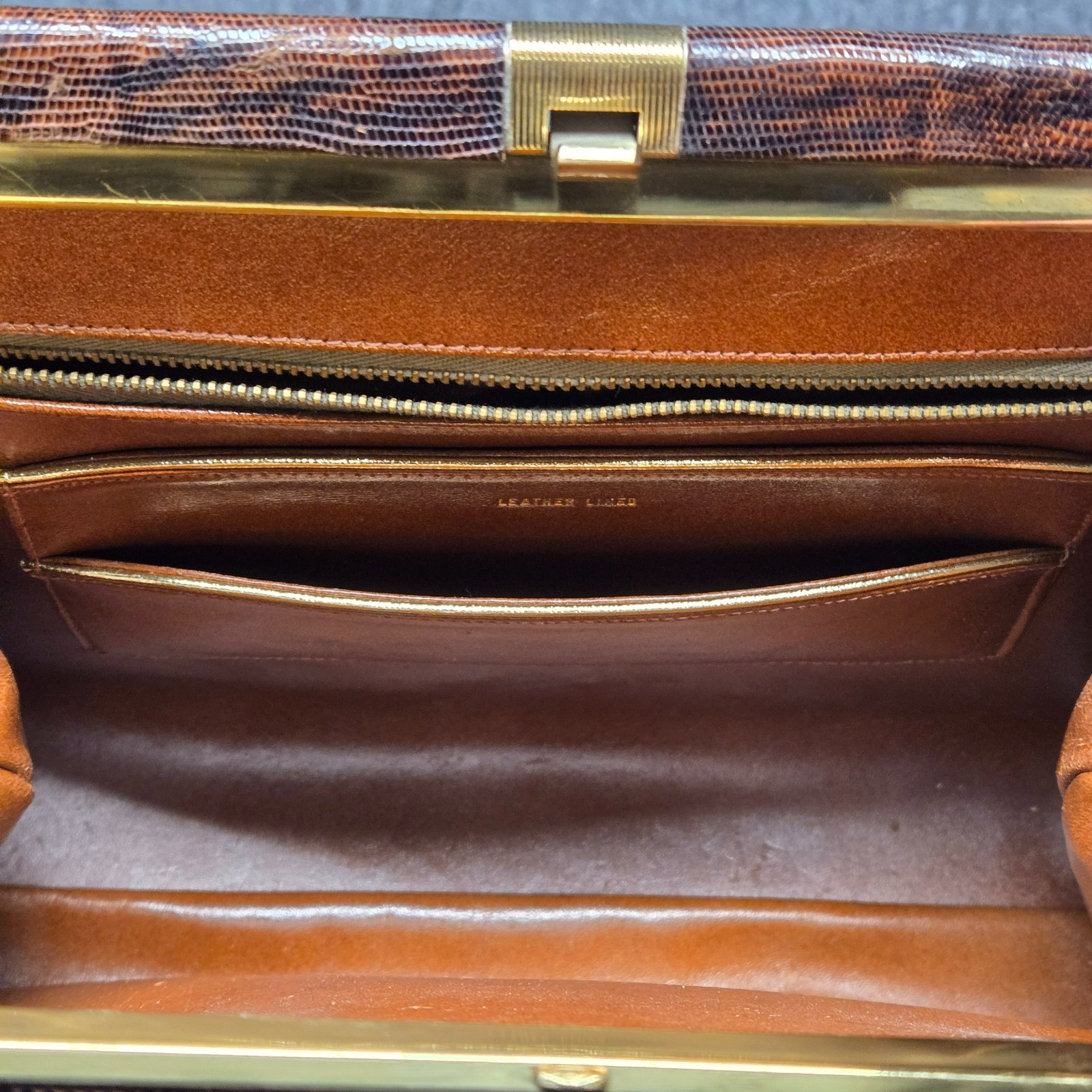 Vintage Escort Genuine Lizard Leather Frame Handbag Brown Satchel Purse VTG