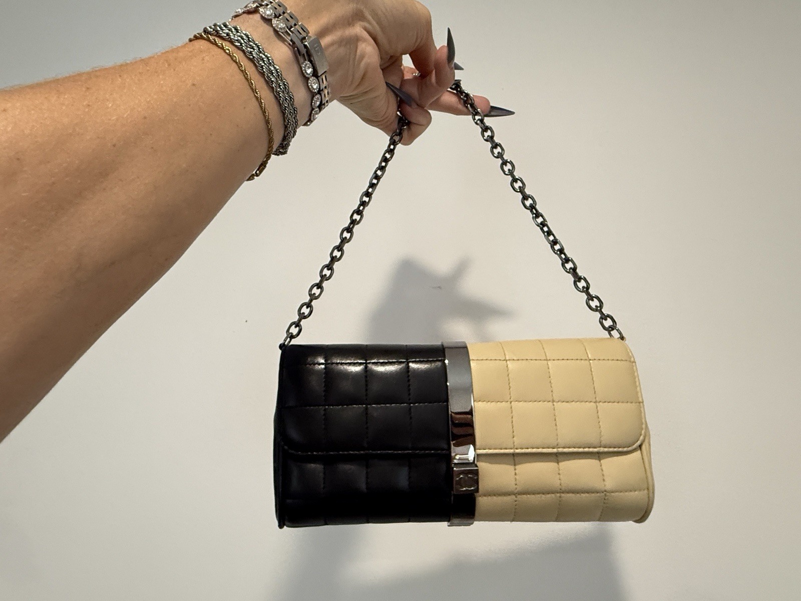 CHANEL Y2K Chcolate Bar Gunmetal CC Turnlock Black and Beige Shoulder Bag RARE
