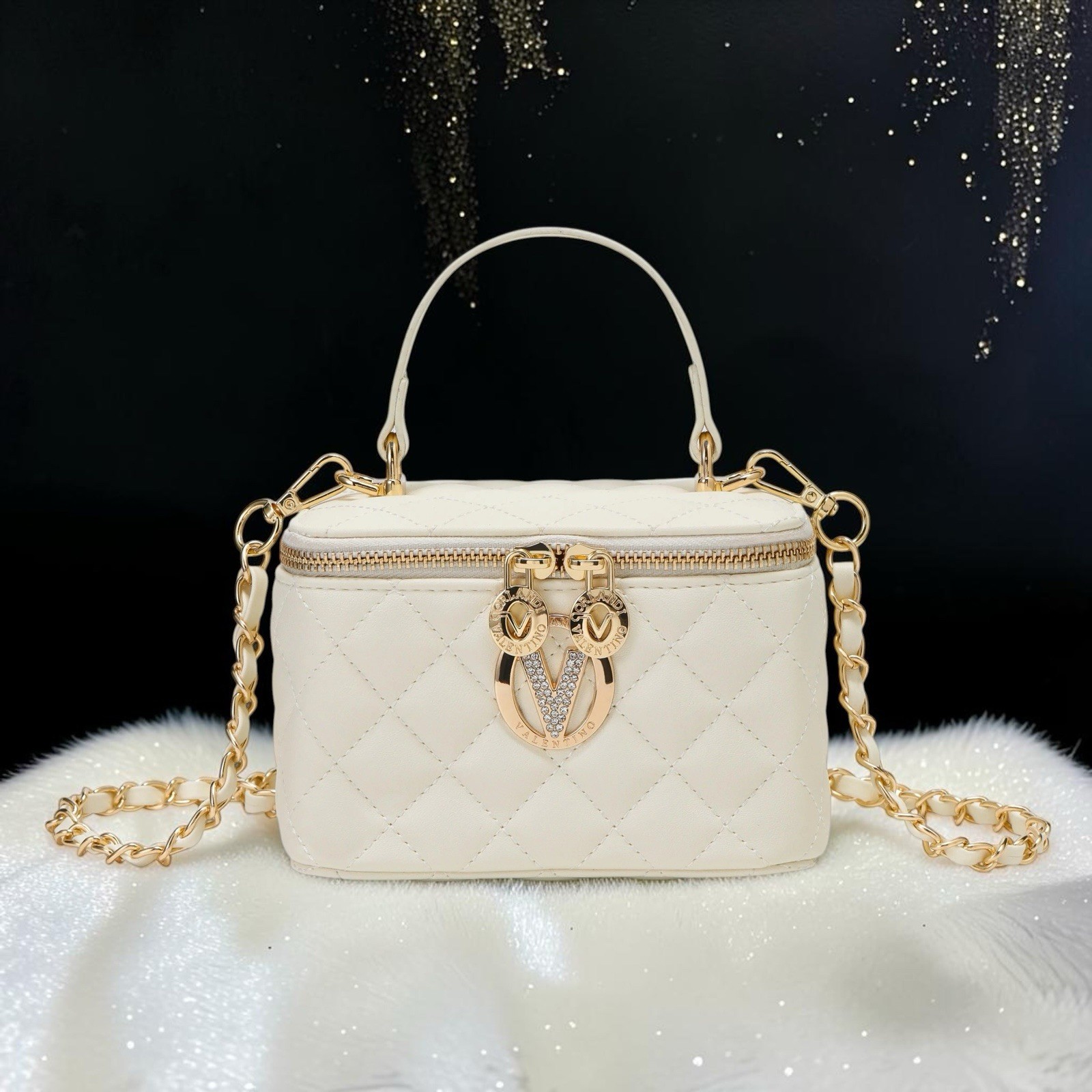 Valentino Orlandi White Quilted Small Top Handle Crossbody Chain Zip Gold