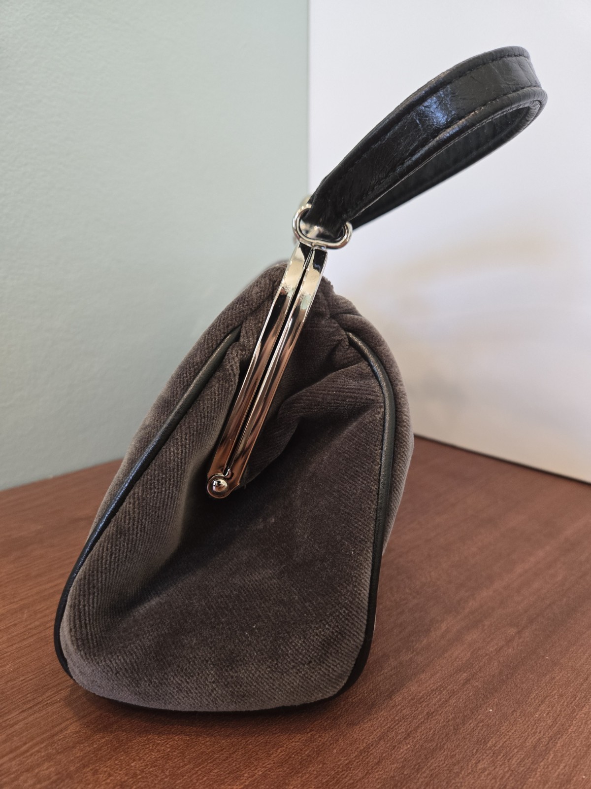Glenda Gies Gray Chenille Handbag Silver And Black Leather Accents