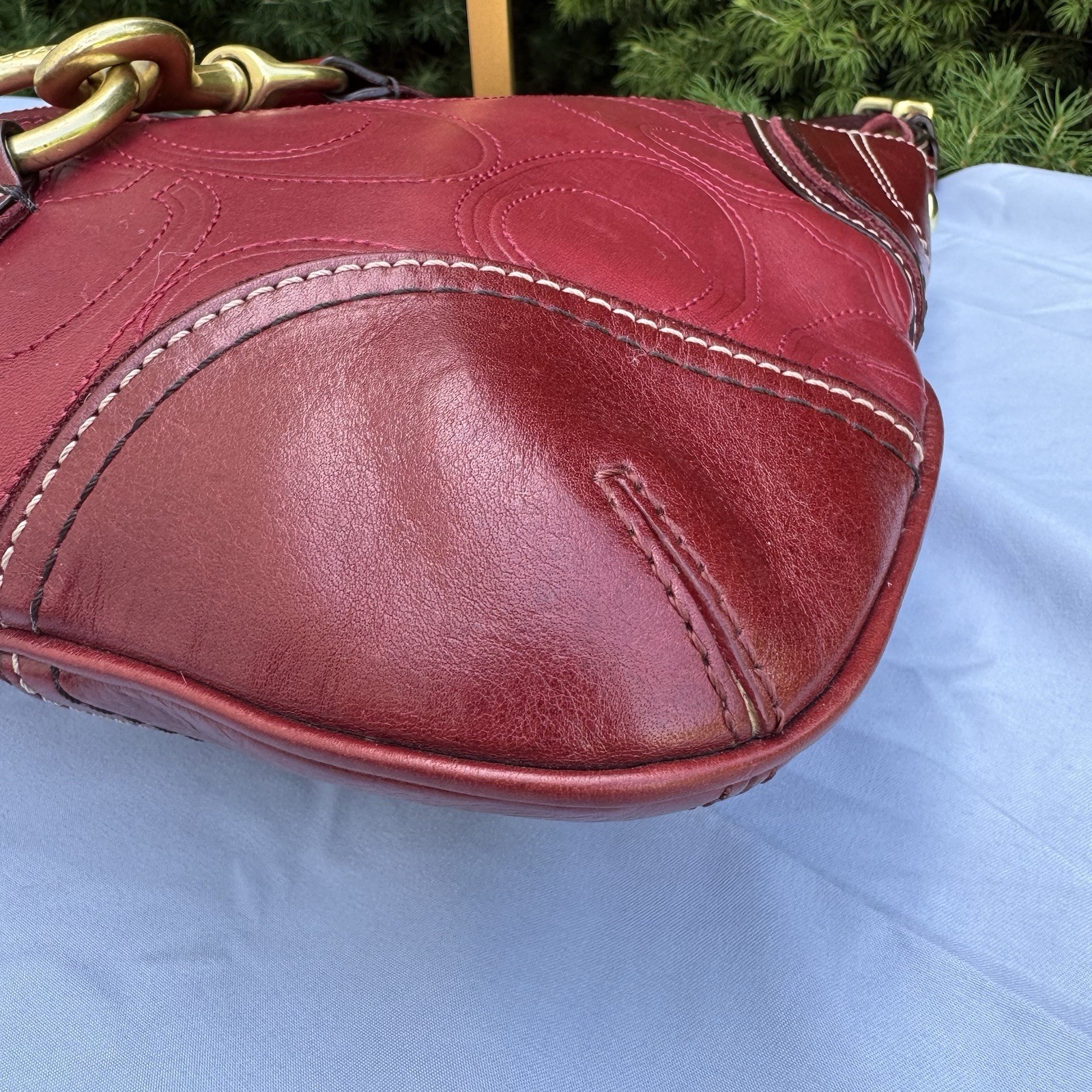 Coach Hampton Slim Hobo In Stunning Deep Red Embossed Leather And Brass Hardware