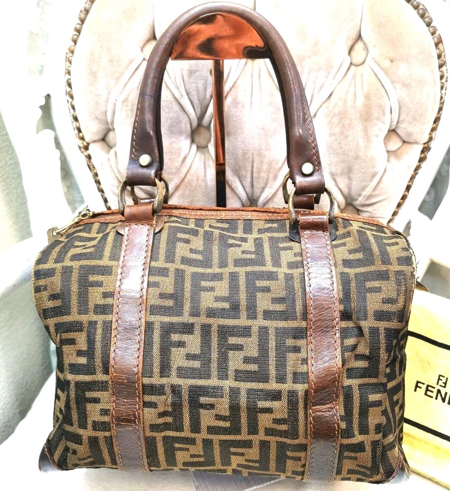 FENDI Zucca FF Monogram Boston Handbag Brown Canvas Leather Vintage Italy 28cm