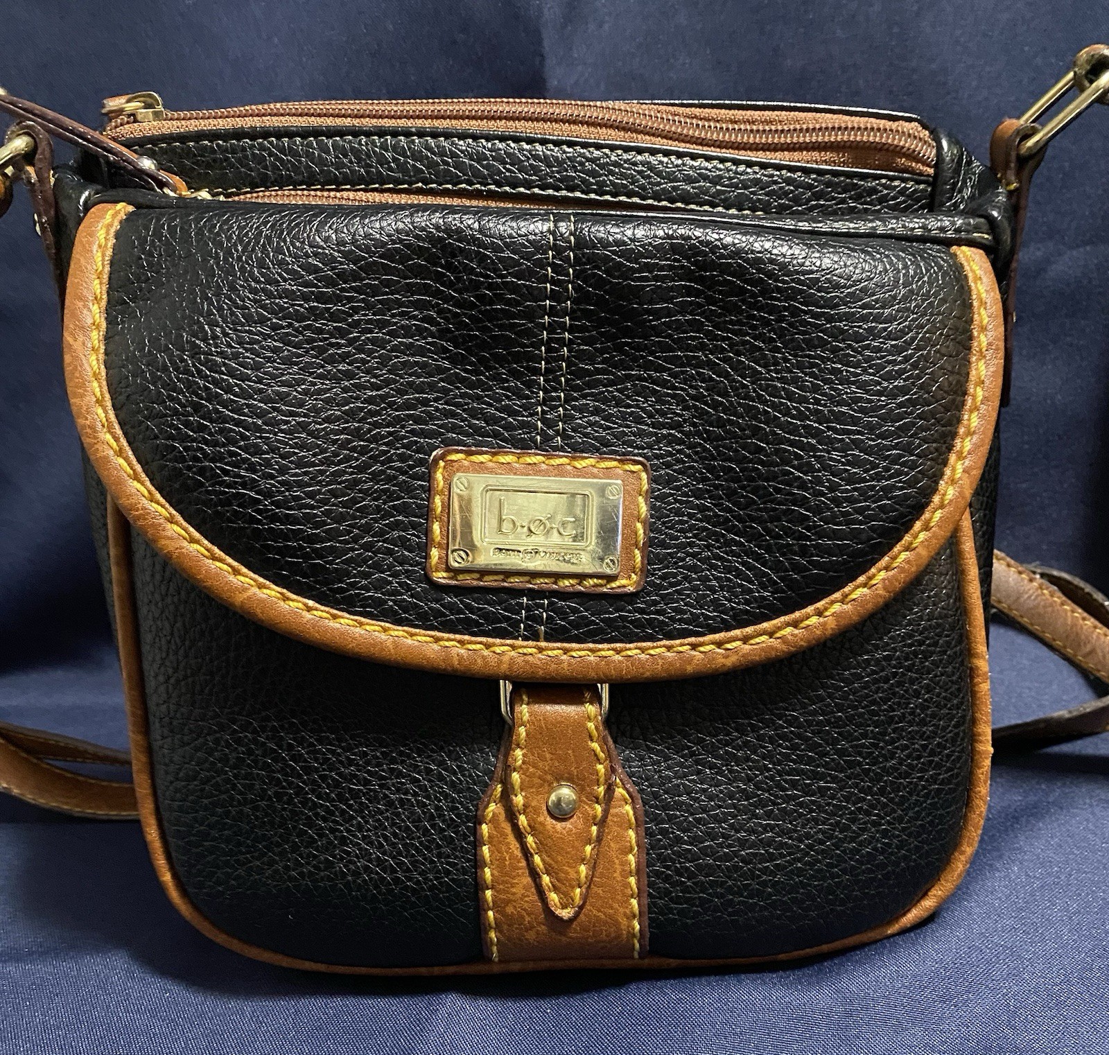 BOC Born Concept Genuine Leather Cross Body Black With Brown Trim Gold Hardware