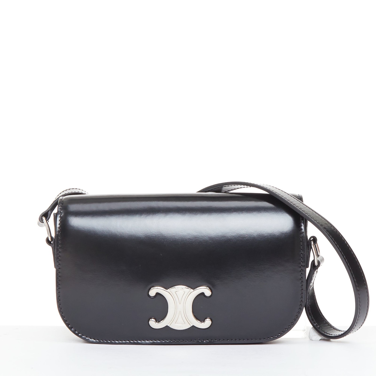 CELINE 2020 Besace Triomphe black glossed calfskin leather silver hardware bag