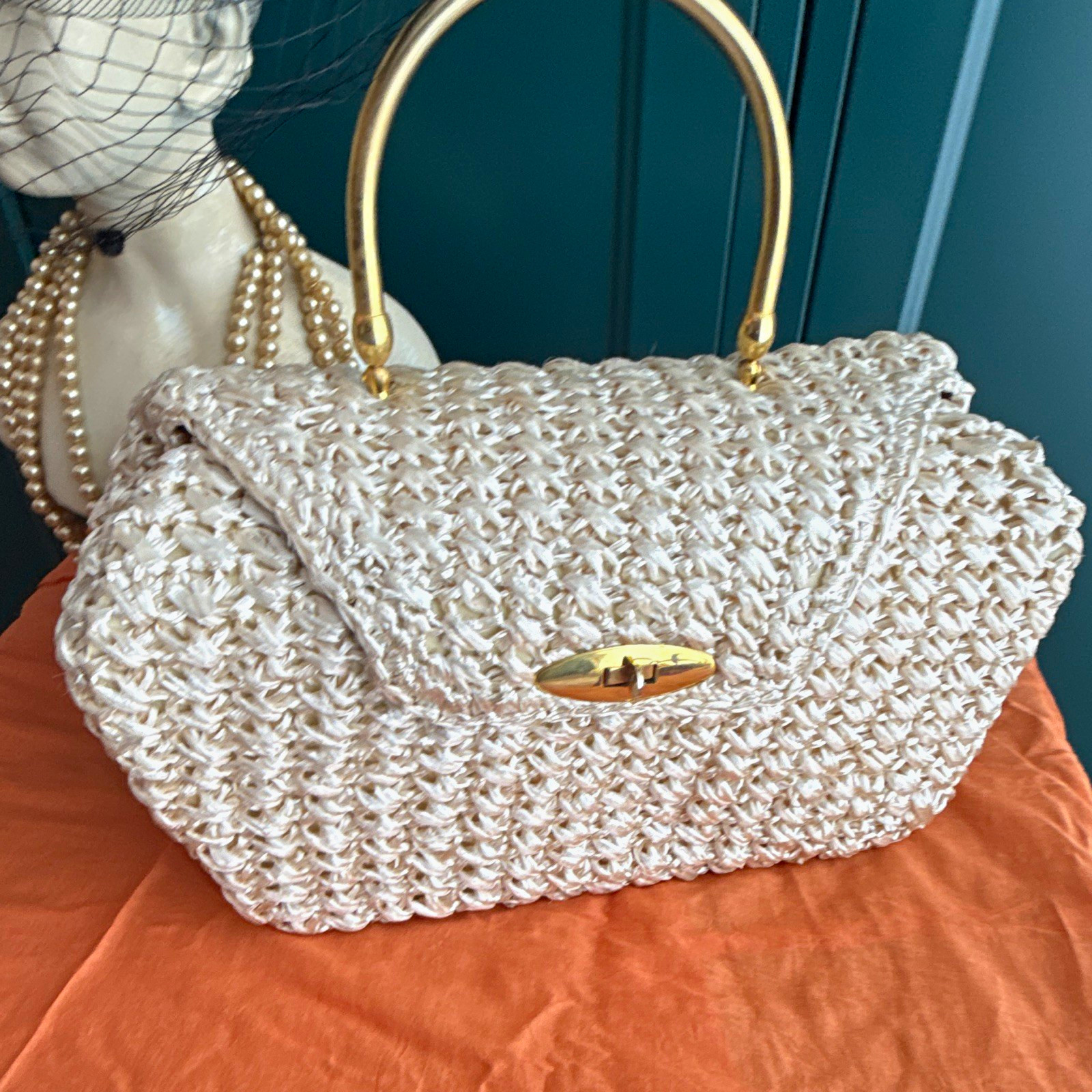 Women’s Beige Woven Wicker Look Top Handle Bag, Turn Lock, Lined, Pockets