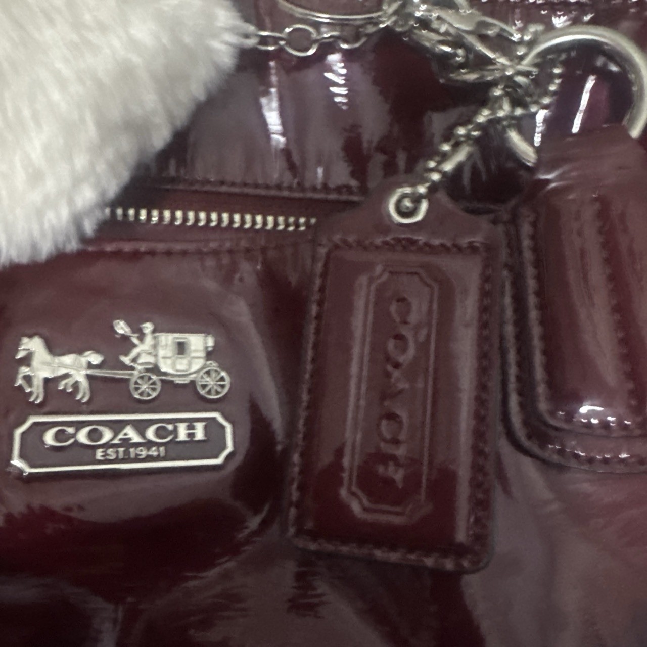 Coach Burgundy Patent Tote Zip Double Handles Silver Chain Straps Pink Lining