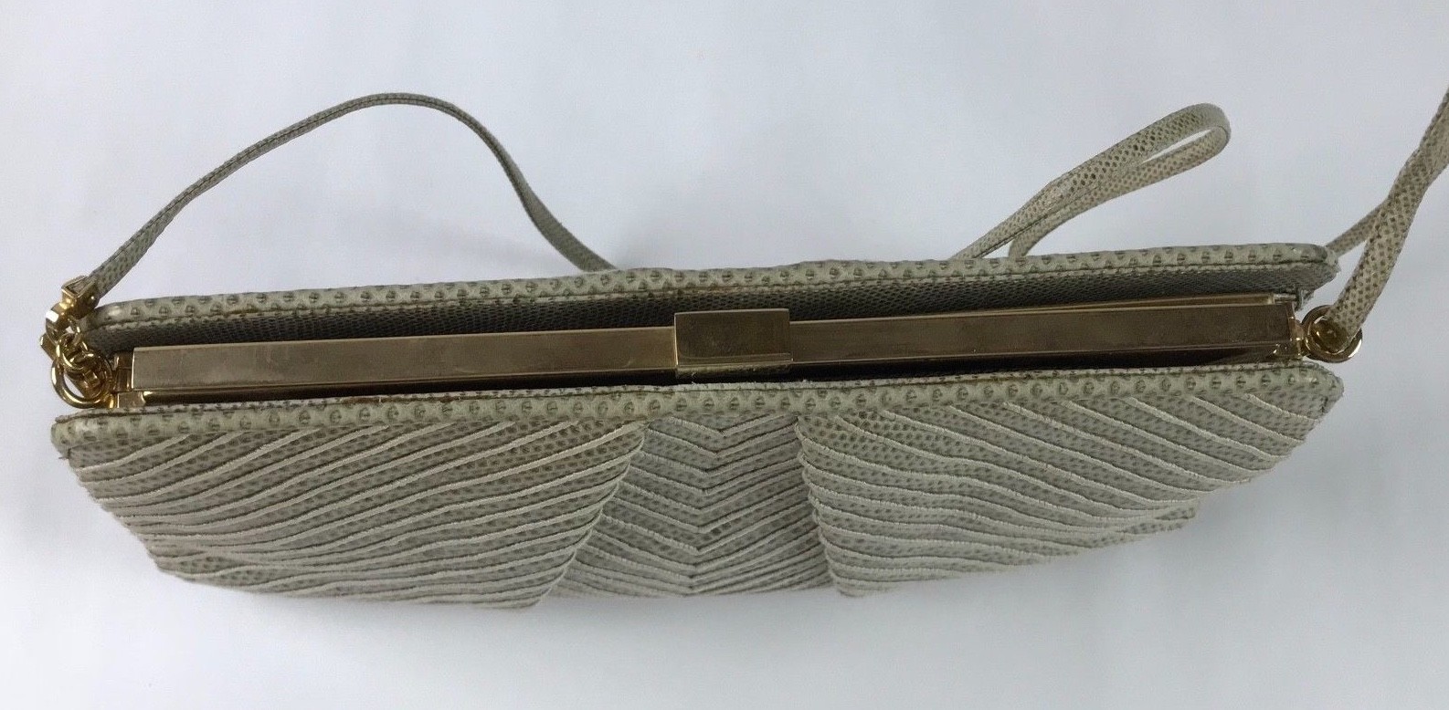 Judith Leiber Celery Green Lizard Leather Gold Tone Hardware Small Handbag