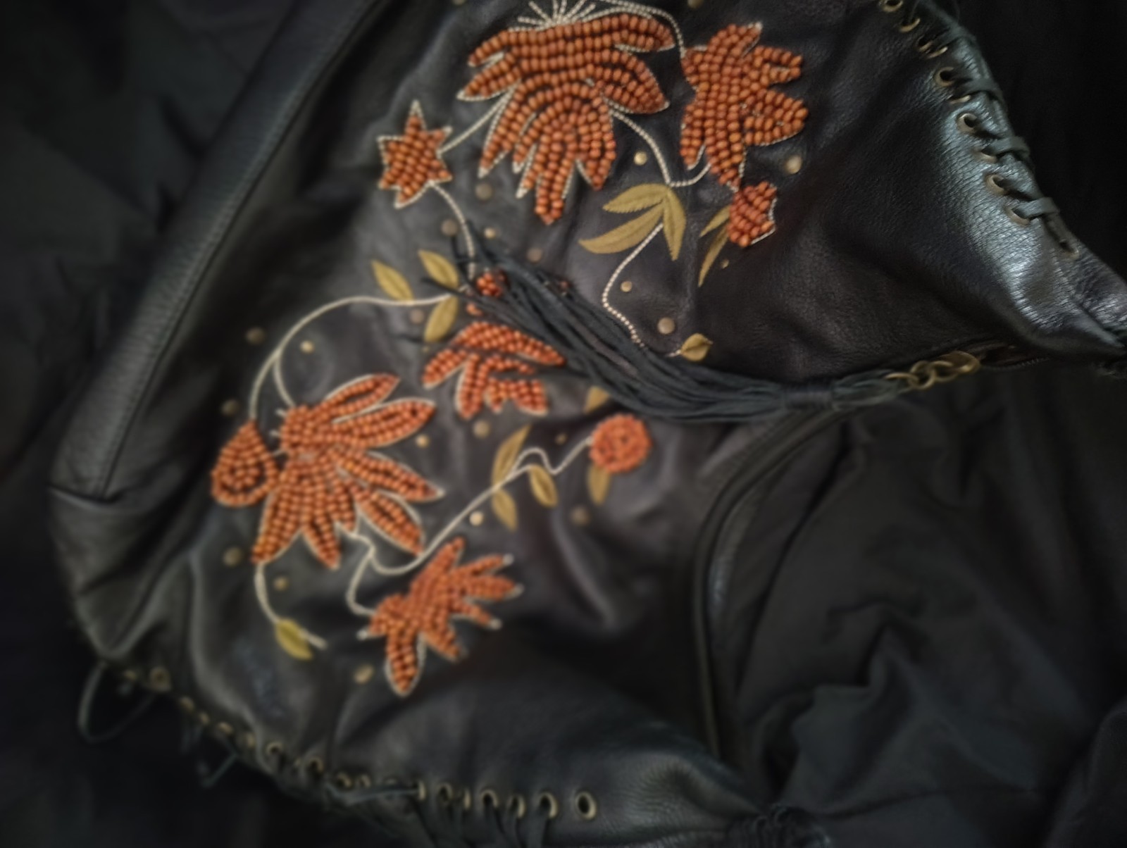 Black Orange Floral Hobo Shoulder Bag Beaded Embroidered Zip Silver Dust Bag