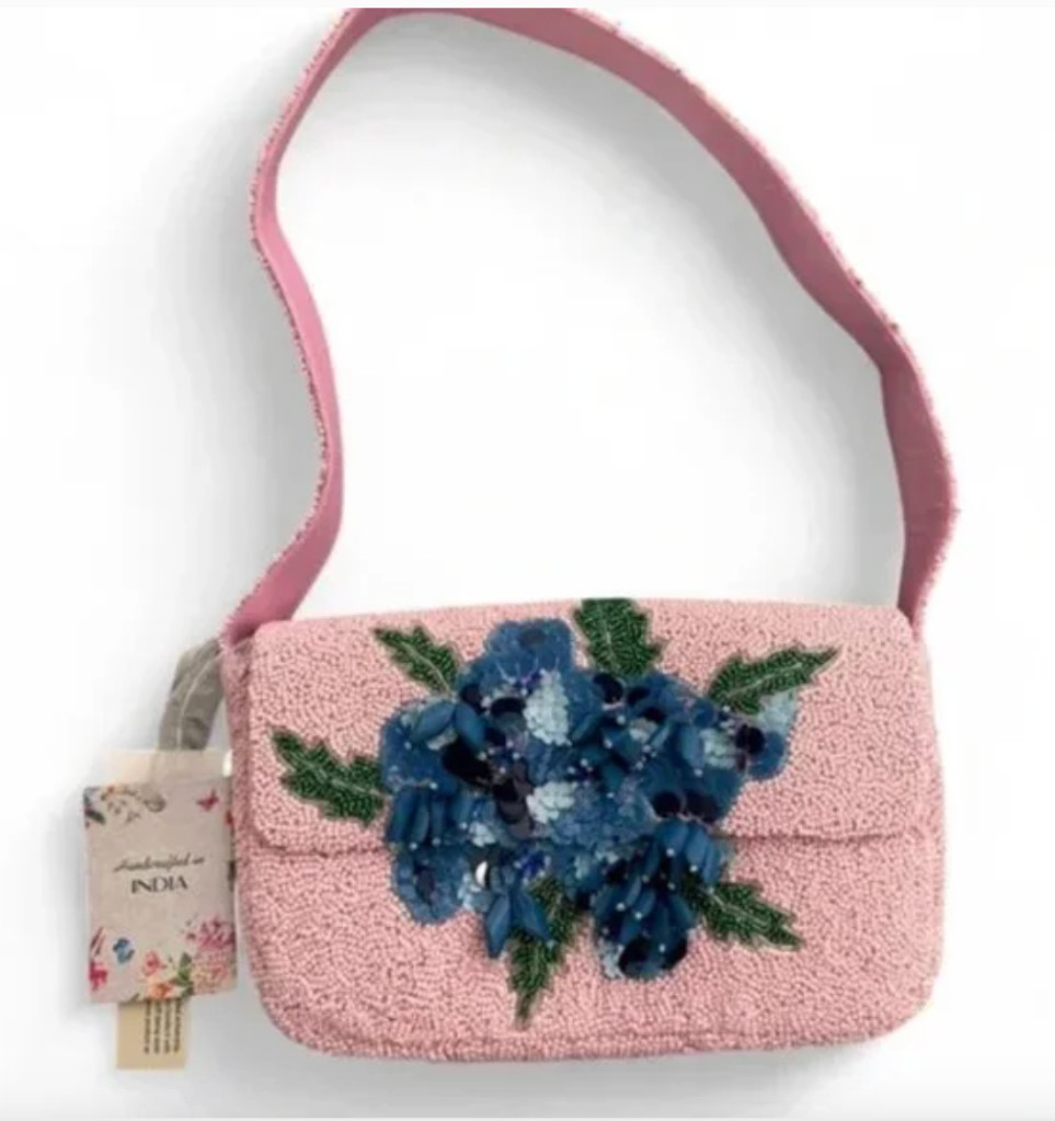 Handcrafted in India Beaded Bag Pink with Blue Flowers Floral Design NWT