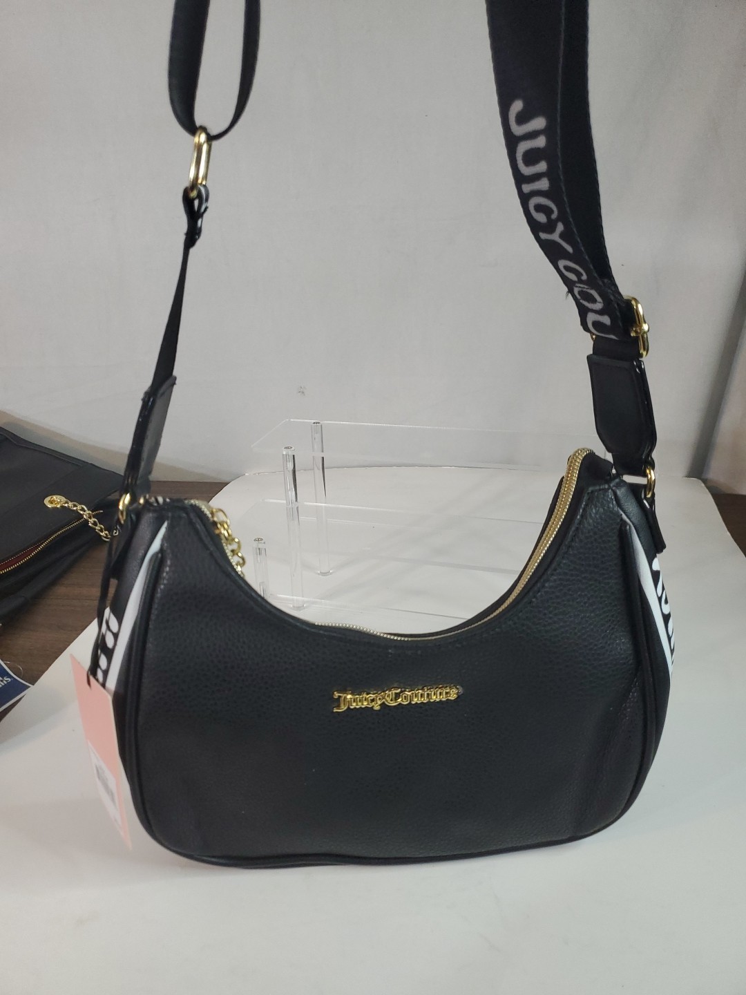 JUICY COUTURE Logo Crossbody Hobo Fan Club Bag w/Adjustable Strap Black & White