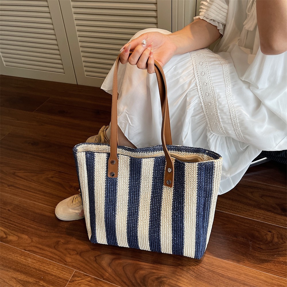 Women’s Vertical Striped Straw Tote Bag Large Beach Shopper Shoulder Handbag