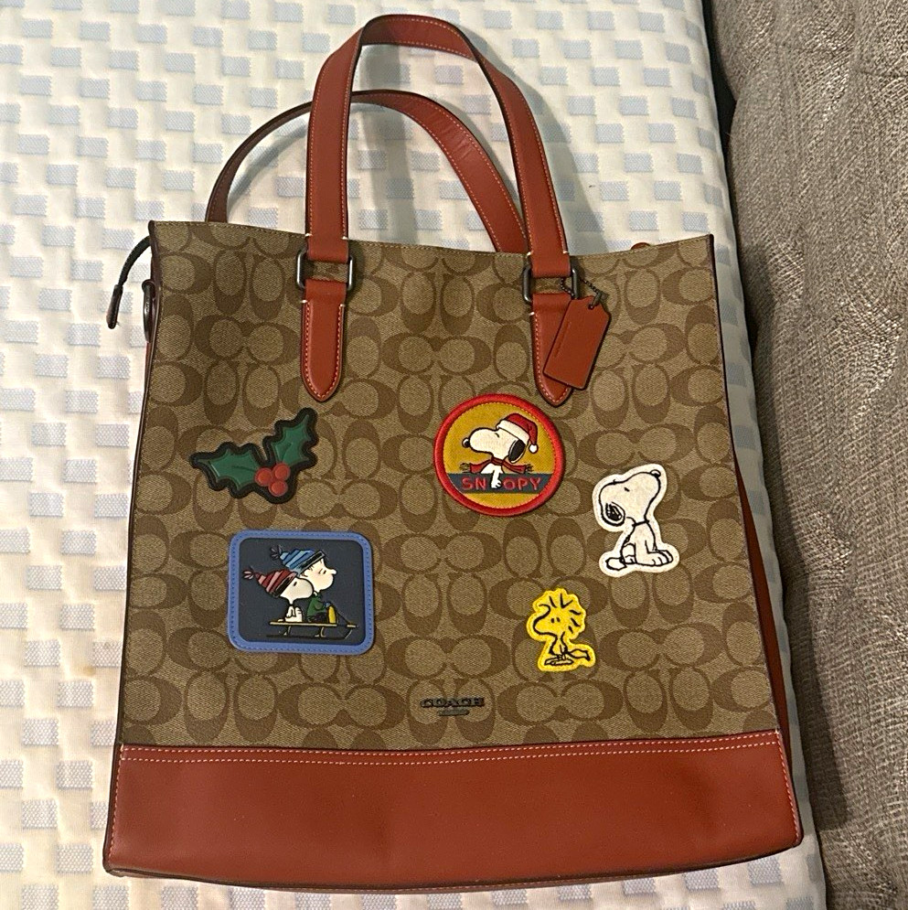 Rare Coach x Peanuts Snoopy tote bag and strap with Christmas patches