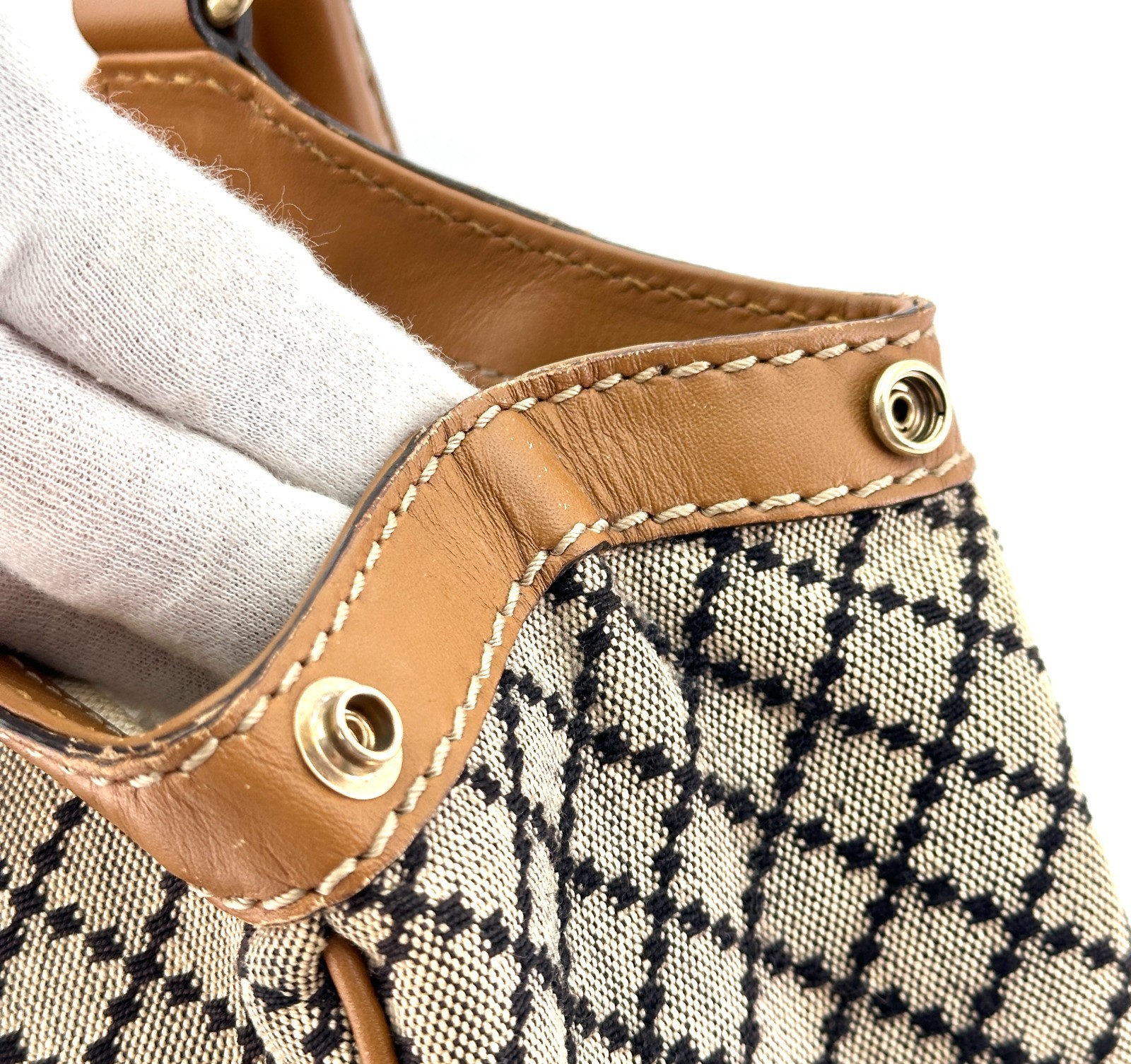 Gucci Diamante Sukey Canvas Leather Tote Bag Hand Bag Beige Brown 211944 Auth