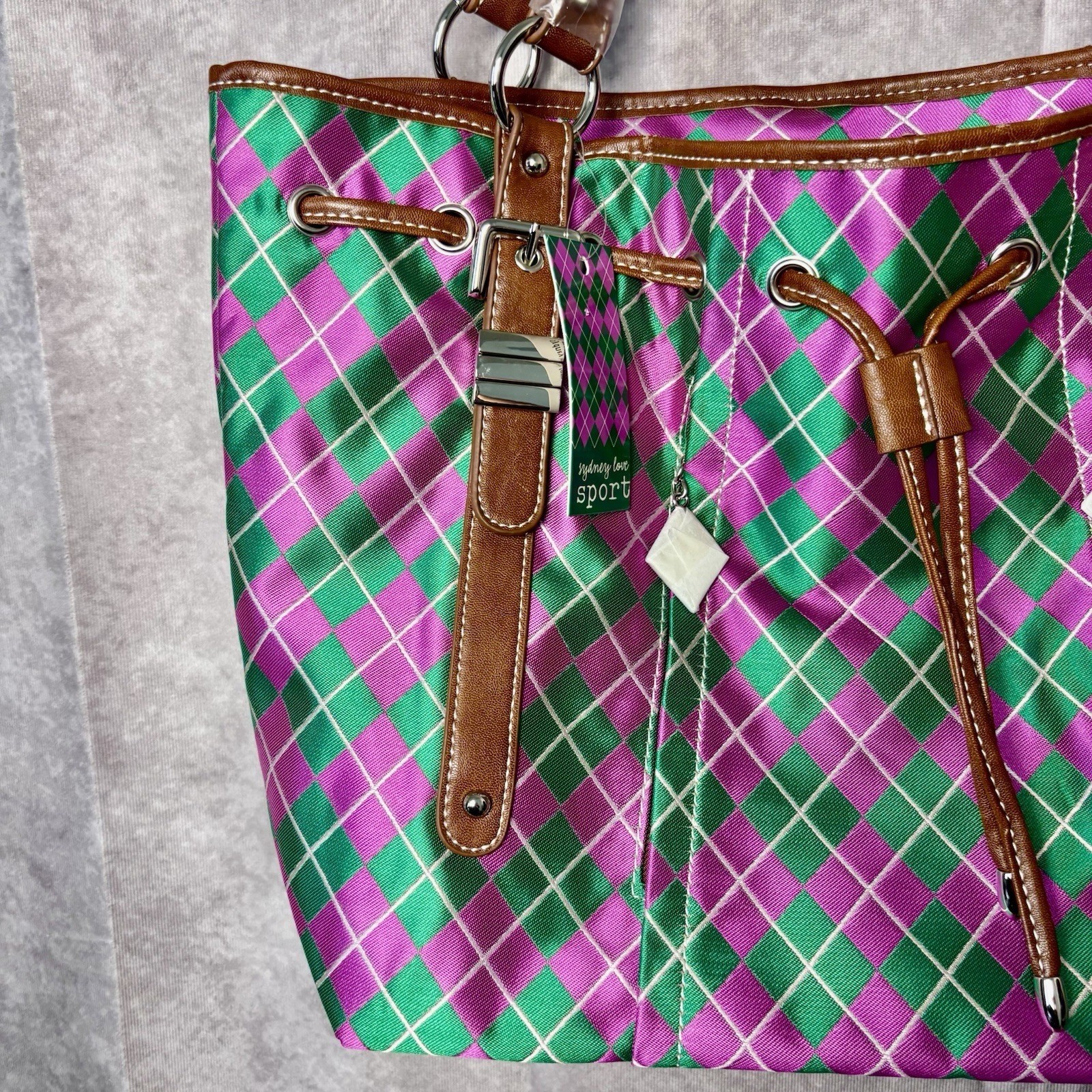 SYDNEY LOVE ARGYLE DRAWSTRING TOTE SHOULDER BAG PINK/GREEN ONE SIZE