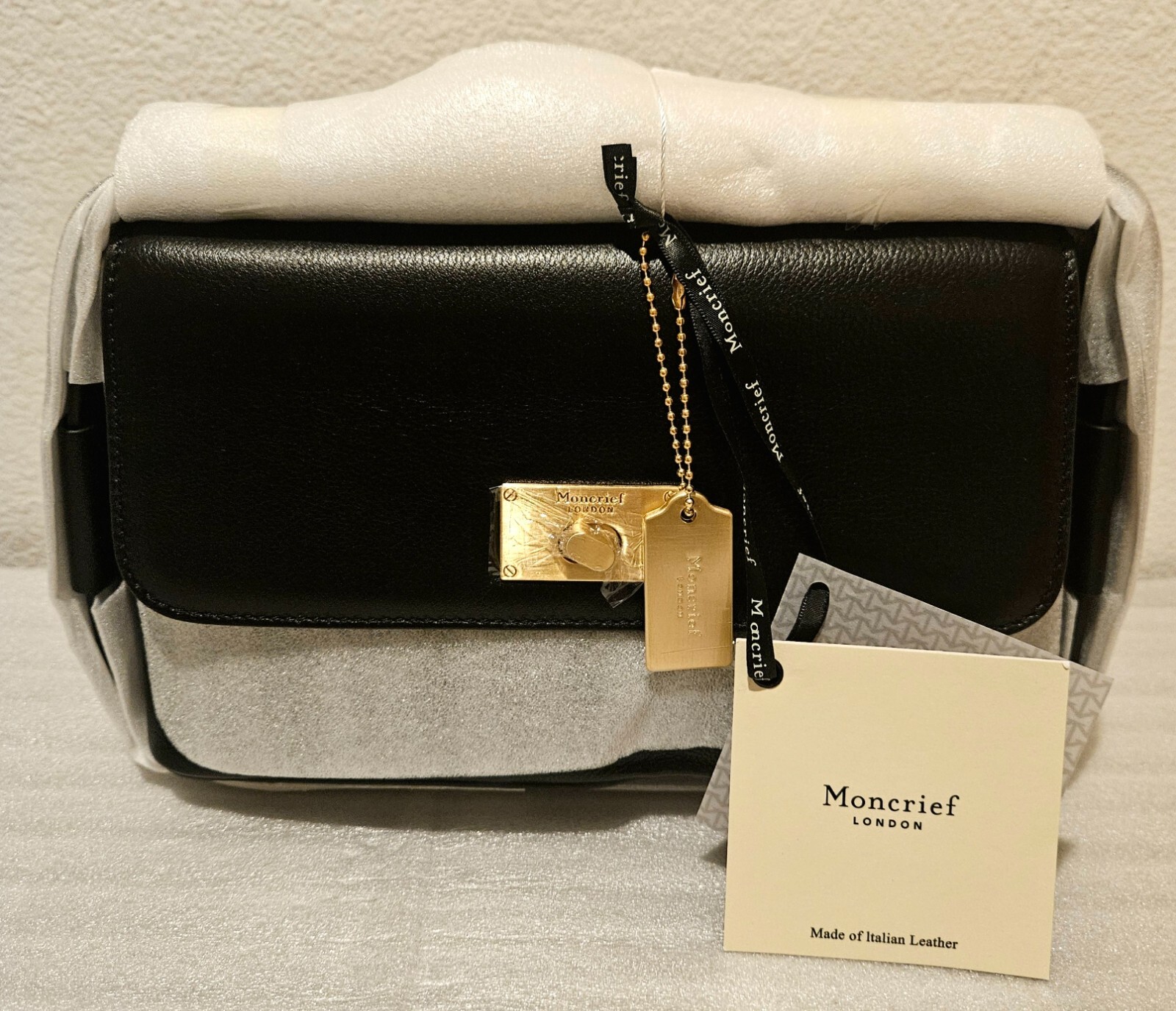 MONCRIEF LONDON Handbag Cathryn Quilted Leather Purse Chain Strap Black NWT $765