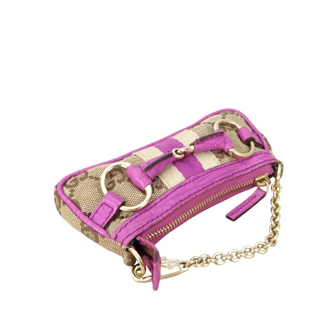 GUCCI Horsebit GG Canvas Leather Chain Pouch Accessory Bag Beige Charm Used