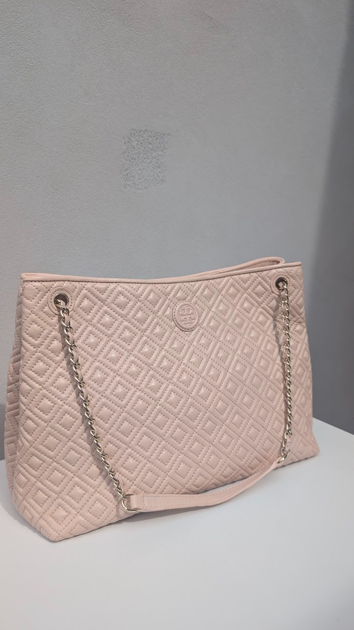 Tory Burch Marion Diamond Quilted Lambskin Leather Tote Bag Bedrock Pink