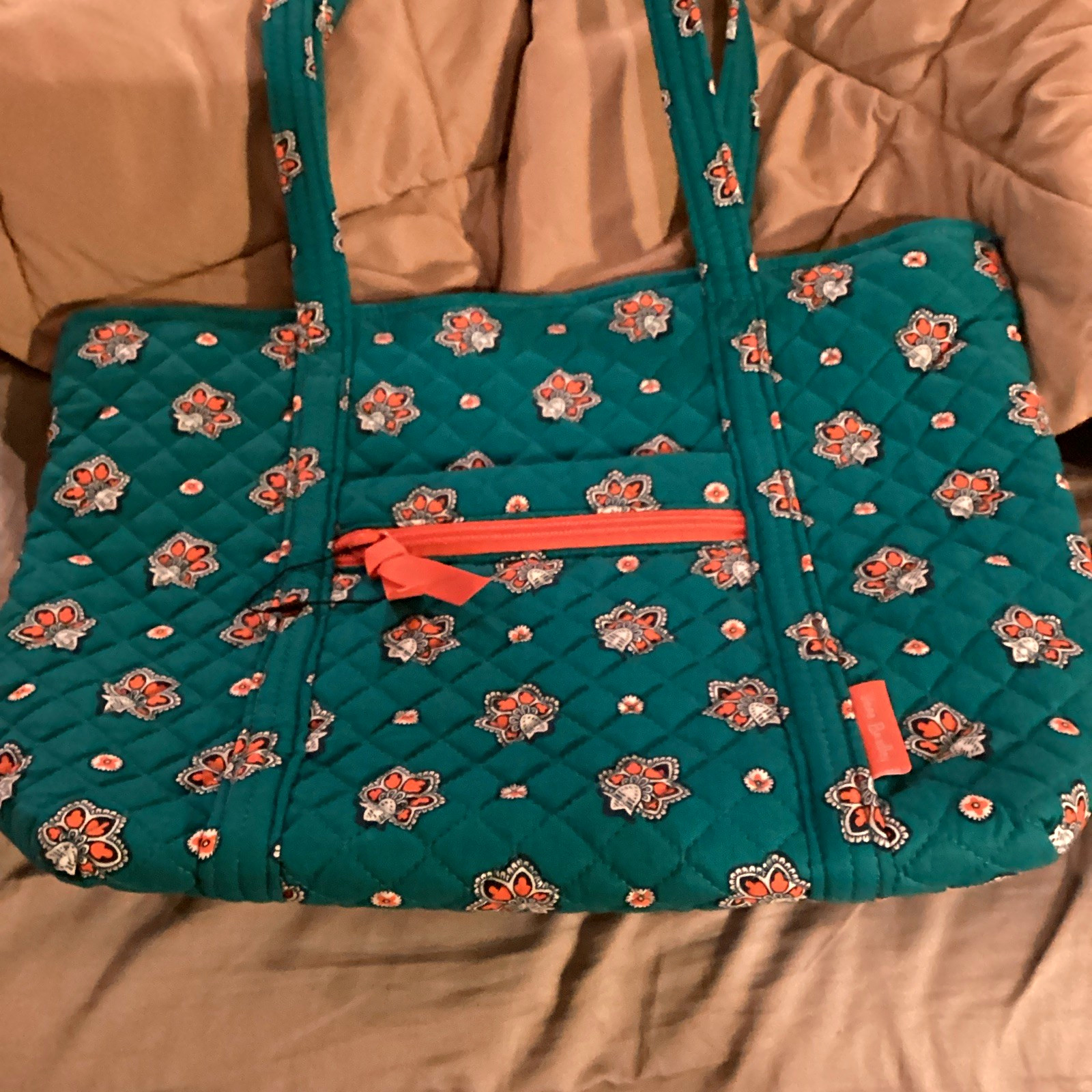 Green Quilted Floral Tote Bag Zip Closure with Outer Zip Pocket, Double Handles