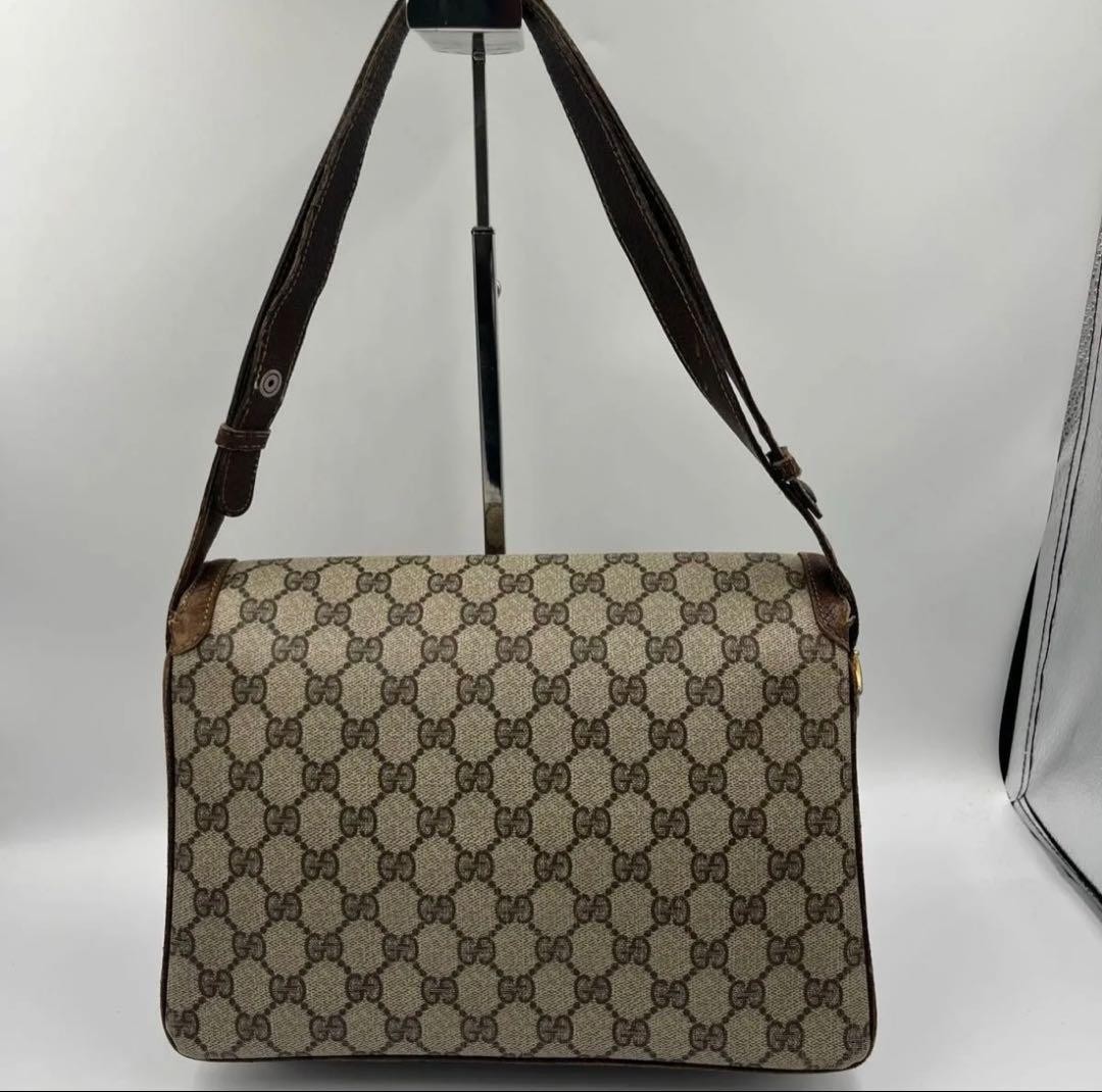 GUCCI Vintage GG Supreme PVC Flap Shoulder Bag Beige Brown 27x21cm Authentic
