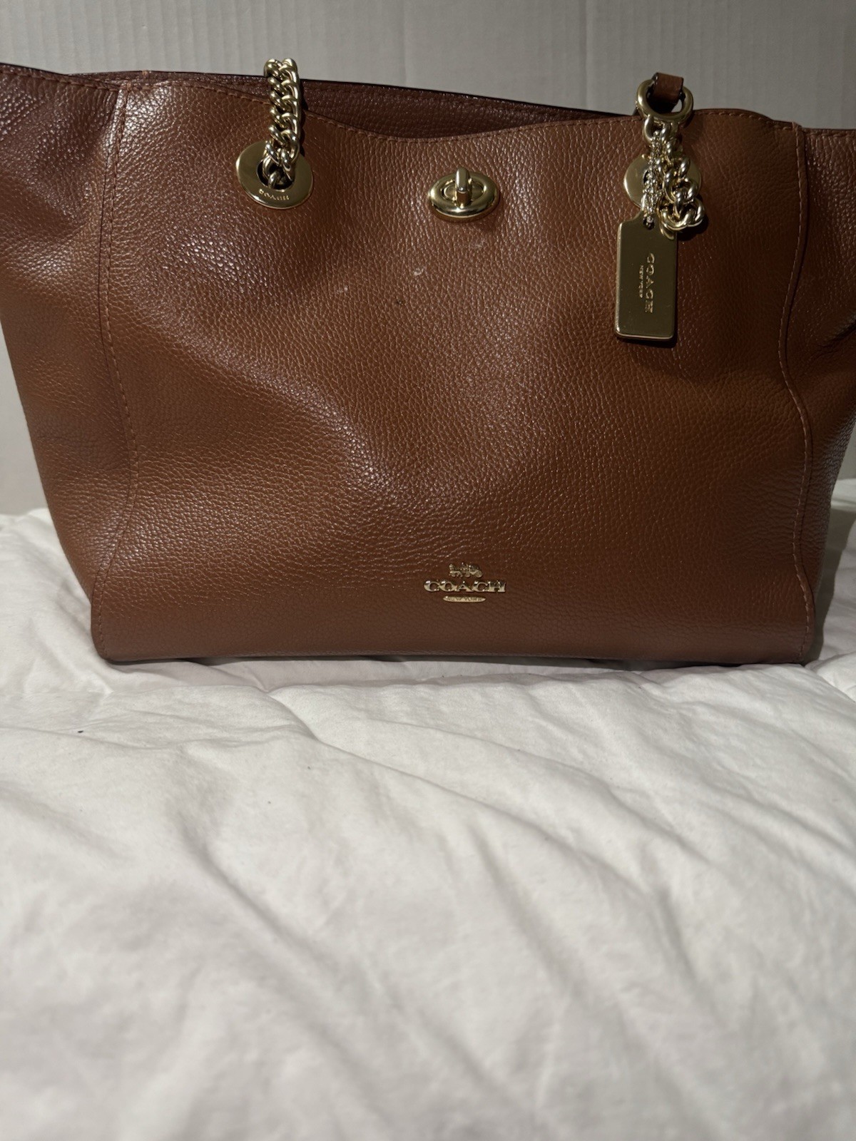🌞COACH NY 57107 TURNLOCK GOLD CHAIN SADDLE BROWN LEATHER SHOULDER TOTE BAG🌺NWT