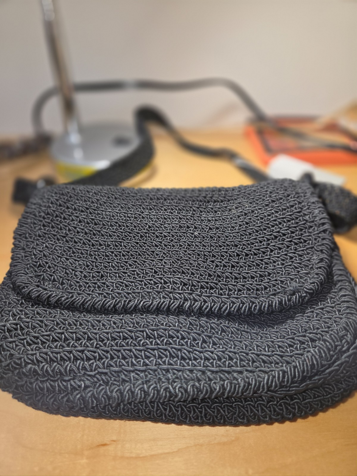 Saks Fifth Avenue Black Crochet Shoulder Bag Flap with snap Closure Lined Interi