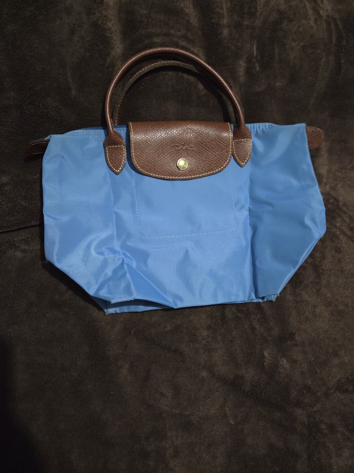 Longchamp Blue Tote Zip Top Brown Leather Handles Logo Inner Pockets Gold