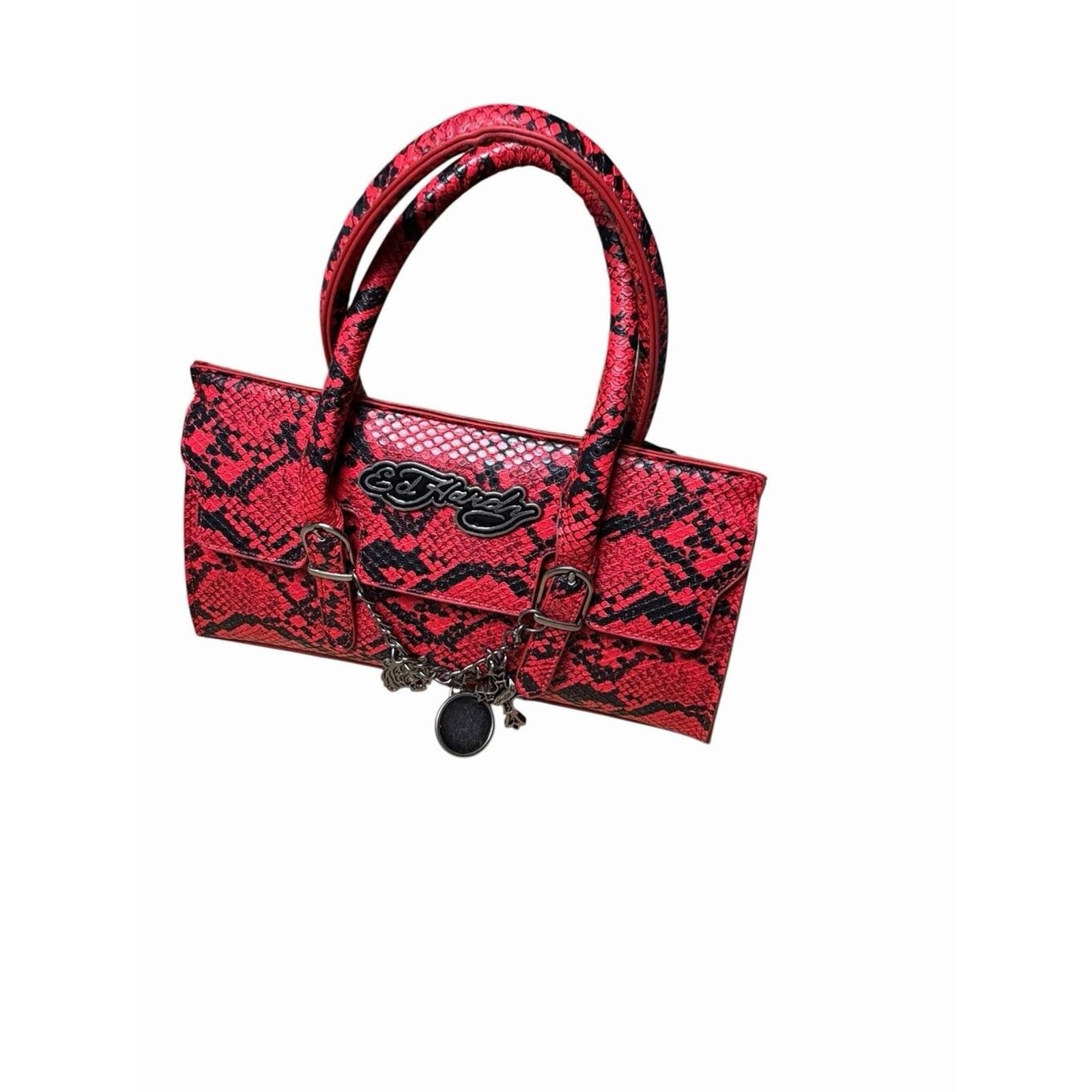 Ed Hardy Red Snake Print Satchel Shoulder Handbag Purse Charm Vegan Leather NWT
